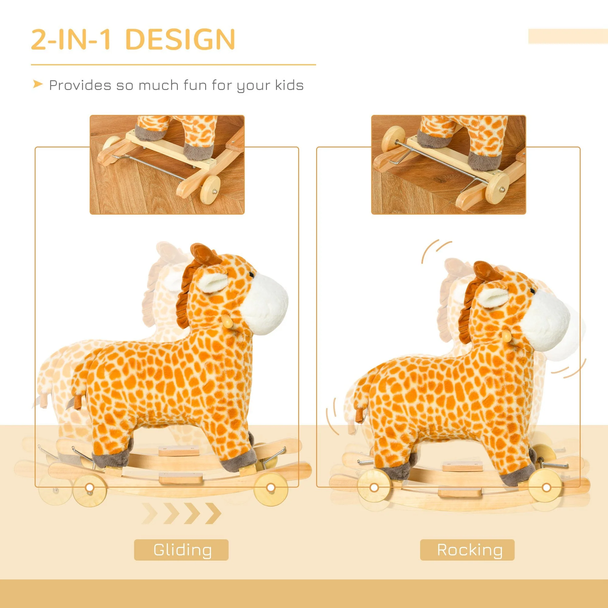 2 In 1 Kids Todder Rocking Horse Plush Ride On Giraffe Rocker with Wheels Wooden Base Animal Sounds for 36-72 Months - Image 5