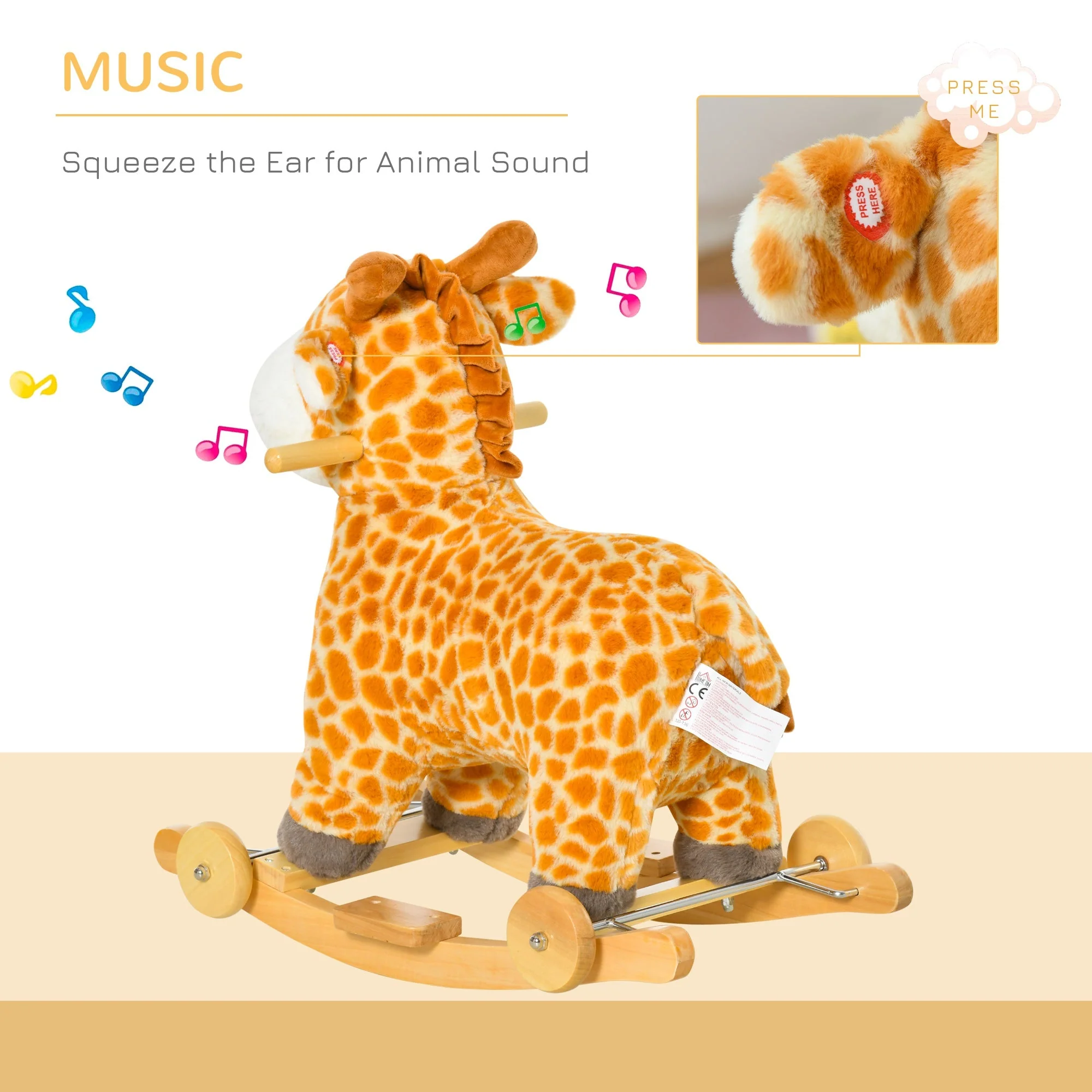 2 In 1 Kids Todder Rocking Horse Plush Ride On Giraffe Rocker with Wheels Wooden Base Animal Sounds for 36-72 Months - Image 6