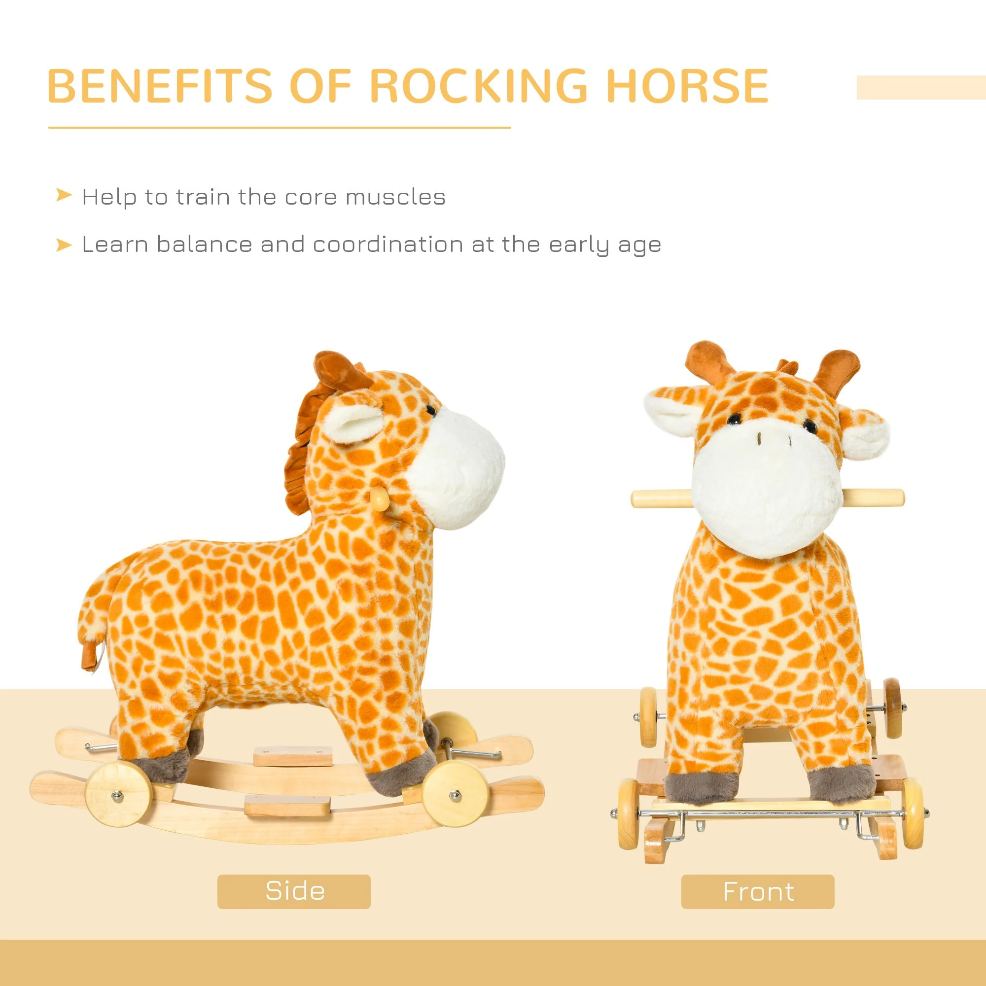 2 In 1 Kids Todder Rocking Horse Plush Ride On Giraffe Rocker with Wheels Wooden Base Animal Sounds for 36-72 Months - Image 7