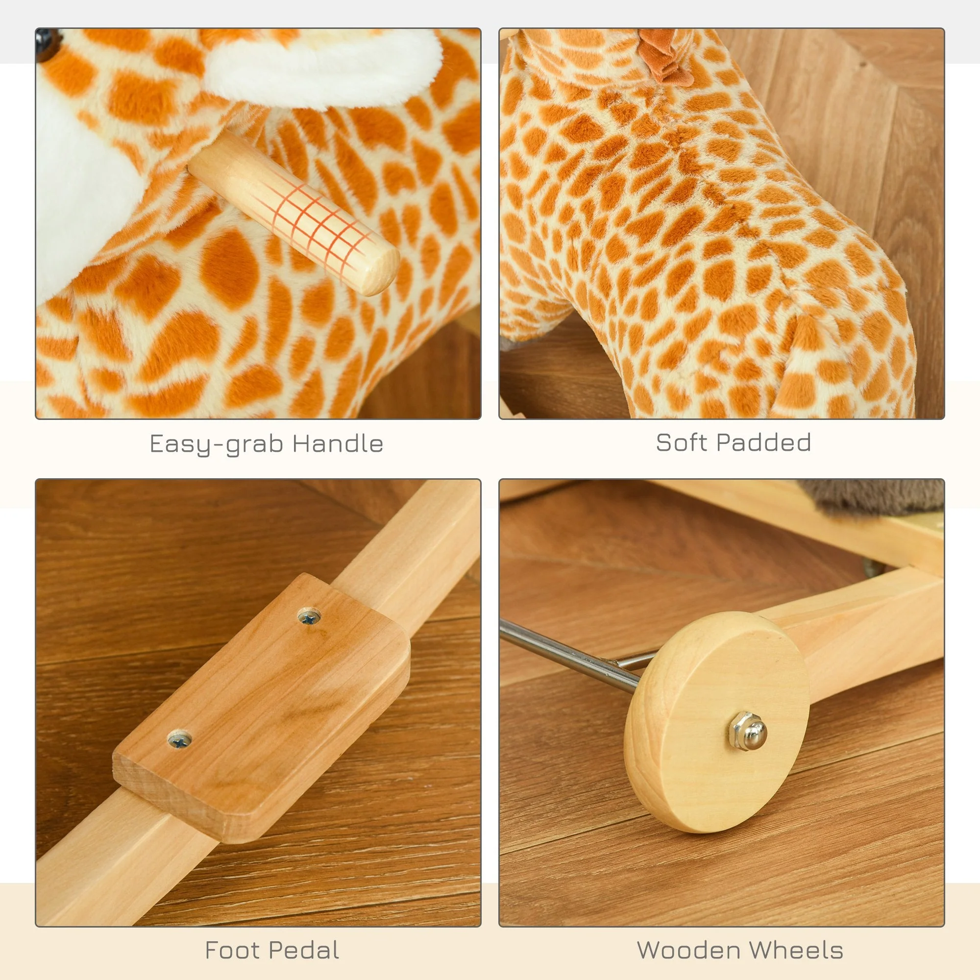 2 In 1 Kids Todder Rocking Horse Plush Ride On Giraffe Rocker with Wheels Wooden Base Animal Sounds for 36-72 Months - Image 8