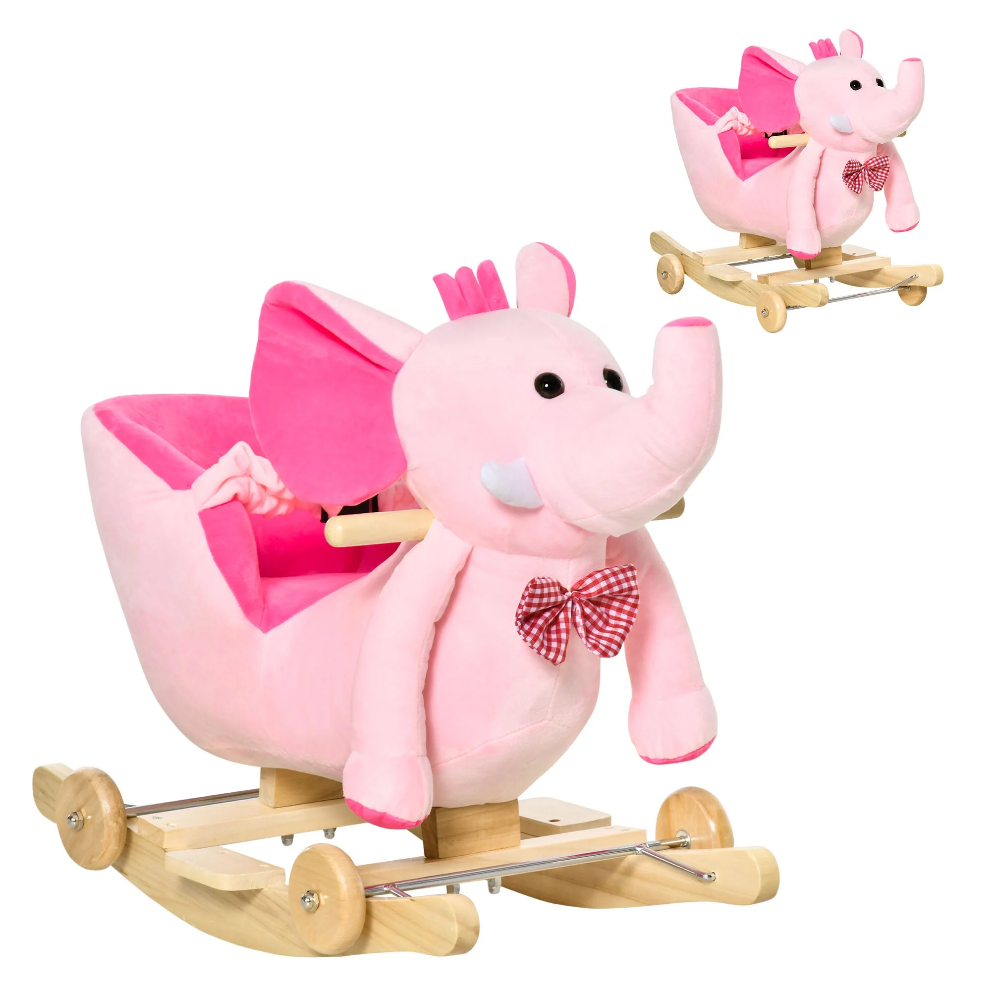 2 In 1 Plush Baby Ride on Rocking Horse Elephant Rocker with Wheels Wooden Toy for Kids 32 Songs Pink - Image 2