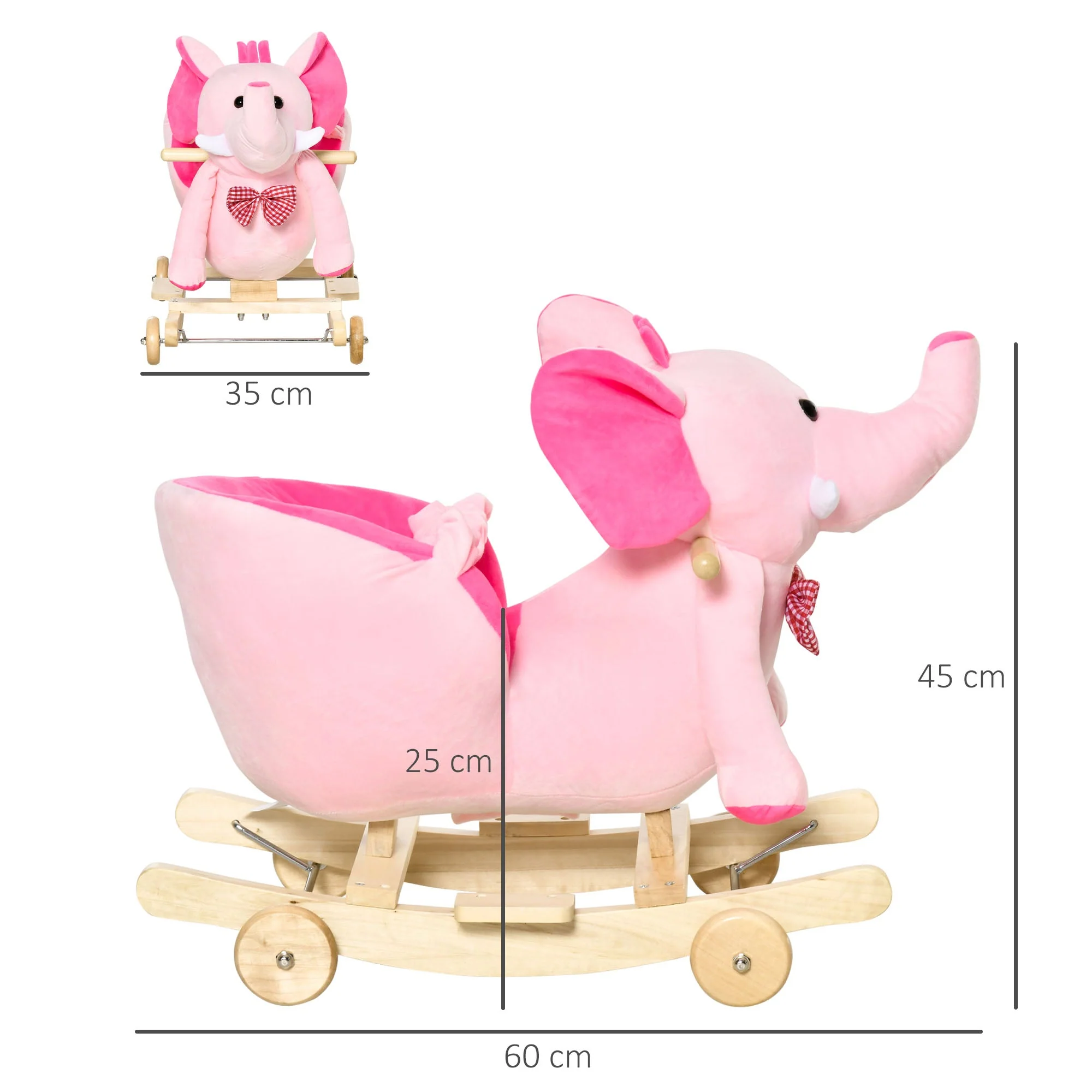 2 In 1 Plush Baby Ride on Rocking Horse Elephant Rocker with Wheels Wooden Toy for Kids 32 Songs Pink - Image 3