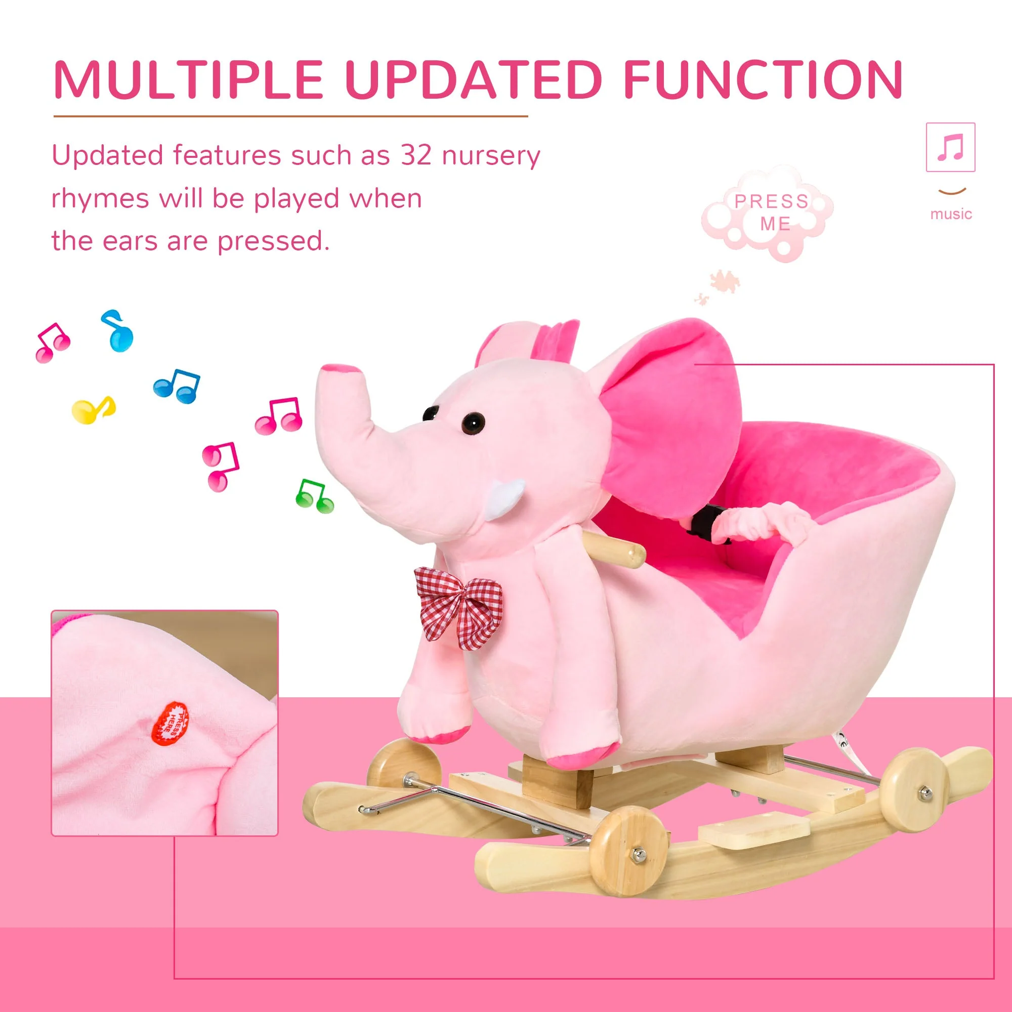 2 In 1 Plush Baby Ride on Rocking Horse Elephant Rocker with Wheels Wooden Toy for Kids 32 Songs Pink - Image 4