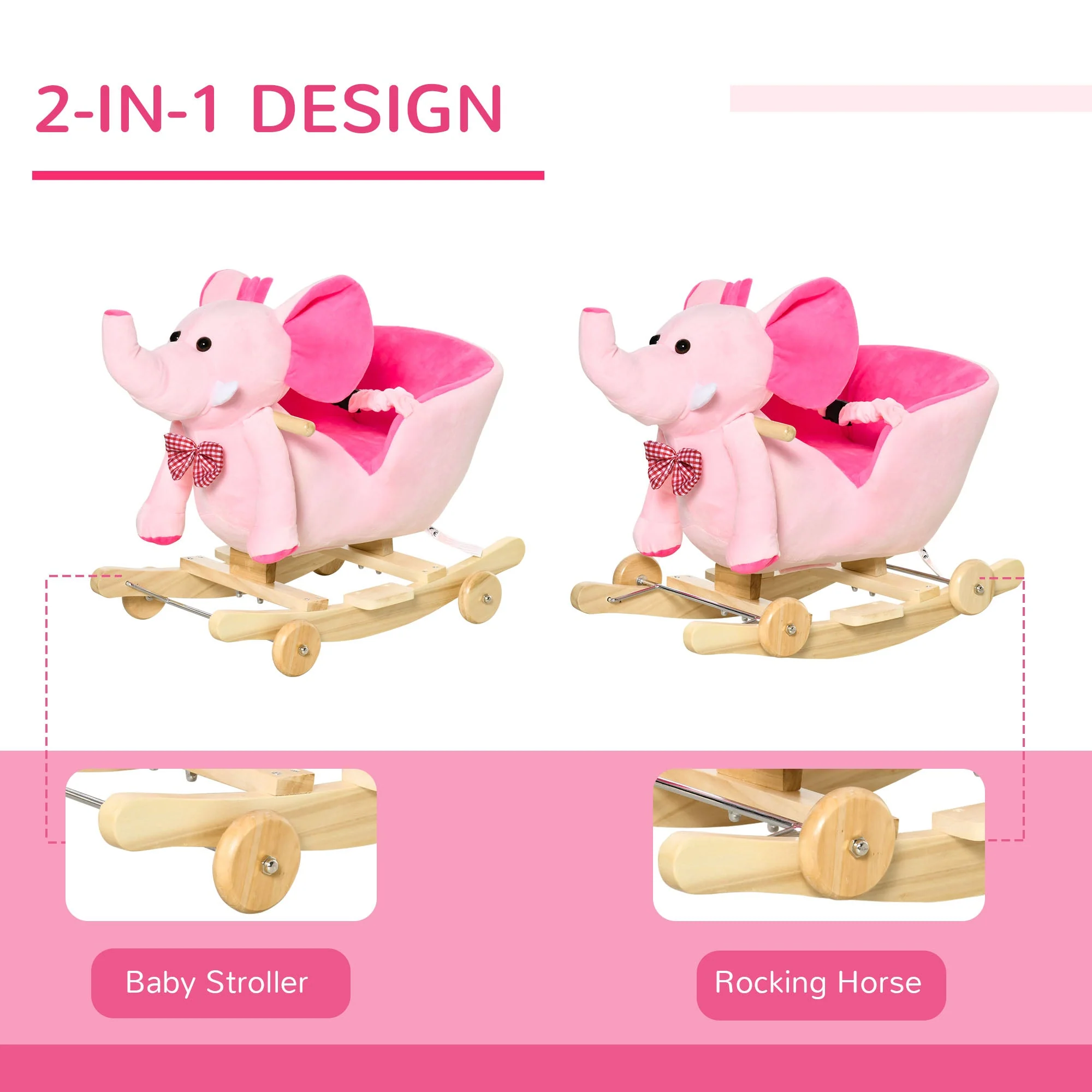 2 In 1 Plush Baby Ride on Rocking Horse Elephant Rocker with Wheels Wooden Toy for Kids 32 Songs Pink - Image 5