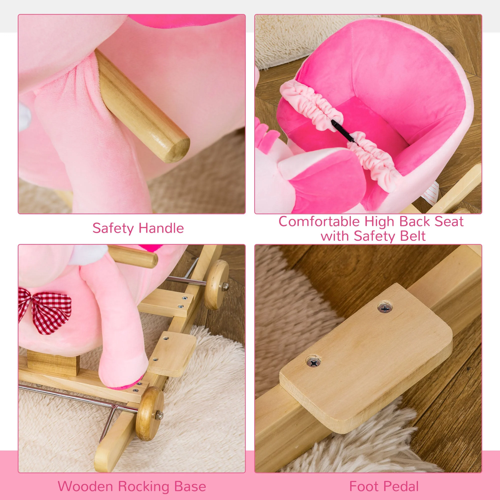 2 In 1 Plush Baby Ride on Rocking Horse Elephant Rocker with Wheels Wooden Toy for Kids 32 Songs Pink - Image 6
