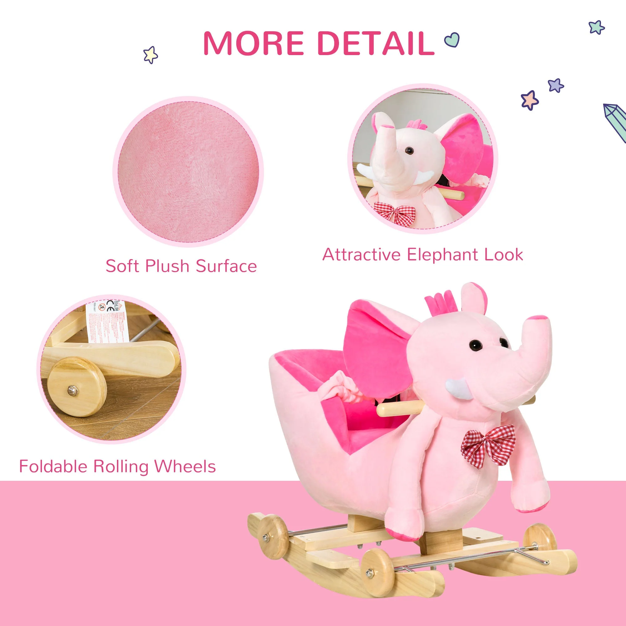 2 In 1 Plush Baby Ride on Rocking Horse Elephant Rocker with Wheels Wooden Toy for Kids 32 Songs Pink - Image 7