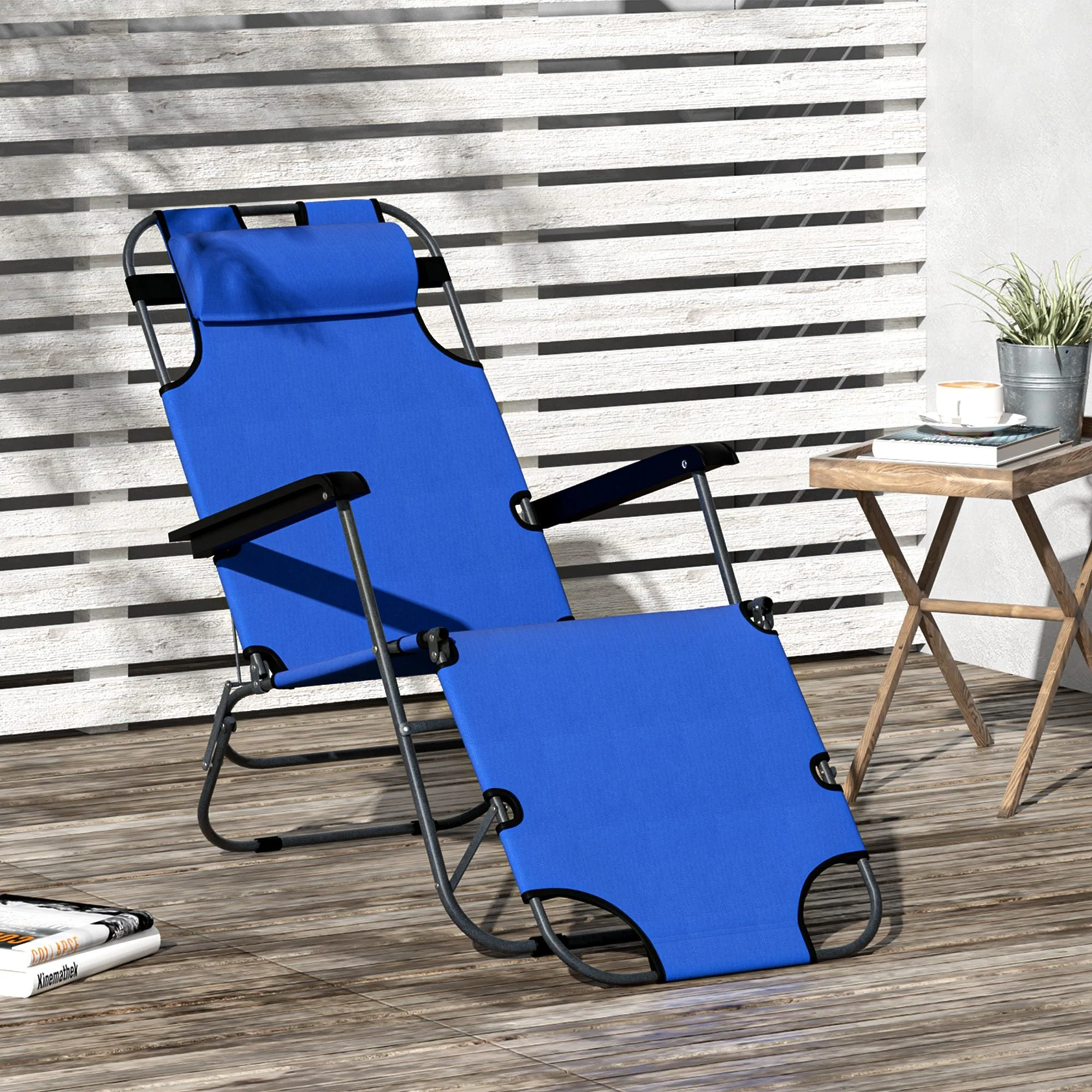 2 in 1 Sun Lounger Folding Reclining Chair Garden Outdoor Camping Adjustable Back with Pillow Blue - Image 2