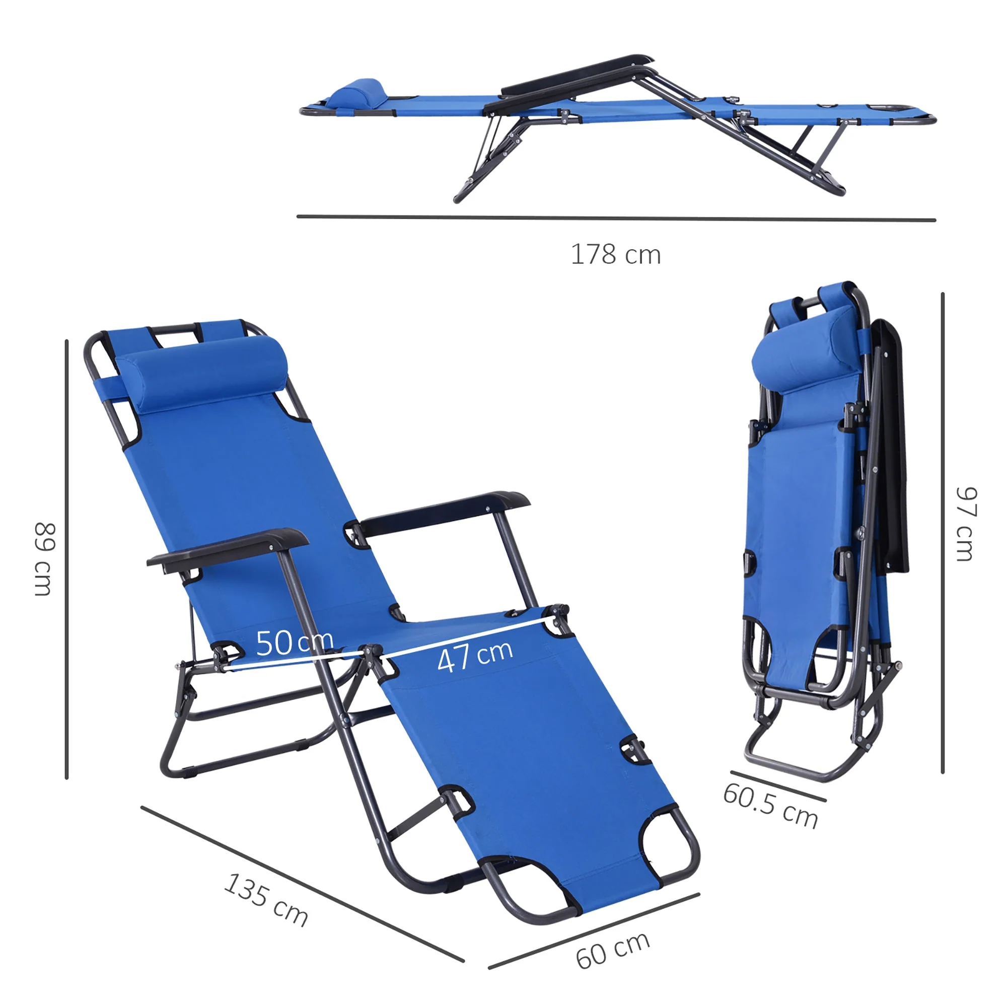 2 in 1 Sun Lounger Folding Reclining Chair Garden Outdoor Camping Adjustable Back with Pillow Blue - Image 3