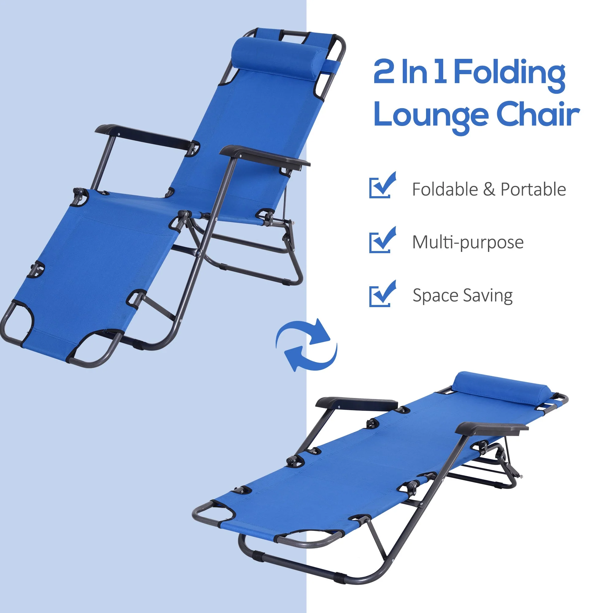 2 in 1 Sun Lounger Folding Reclining Chair Garden Outdoor Camping Adjustable Back with Pillow Blue - Image 4