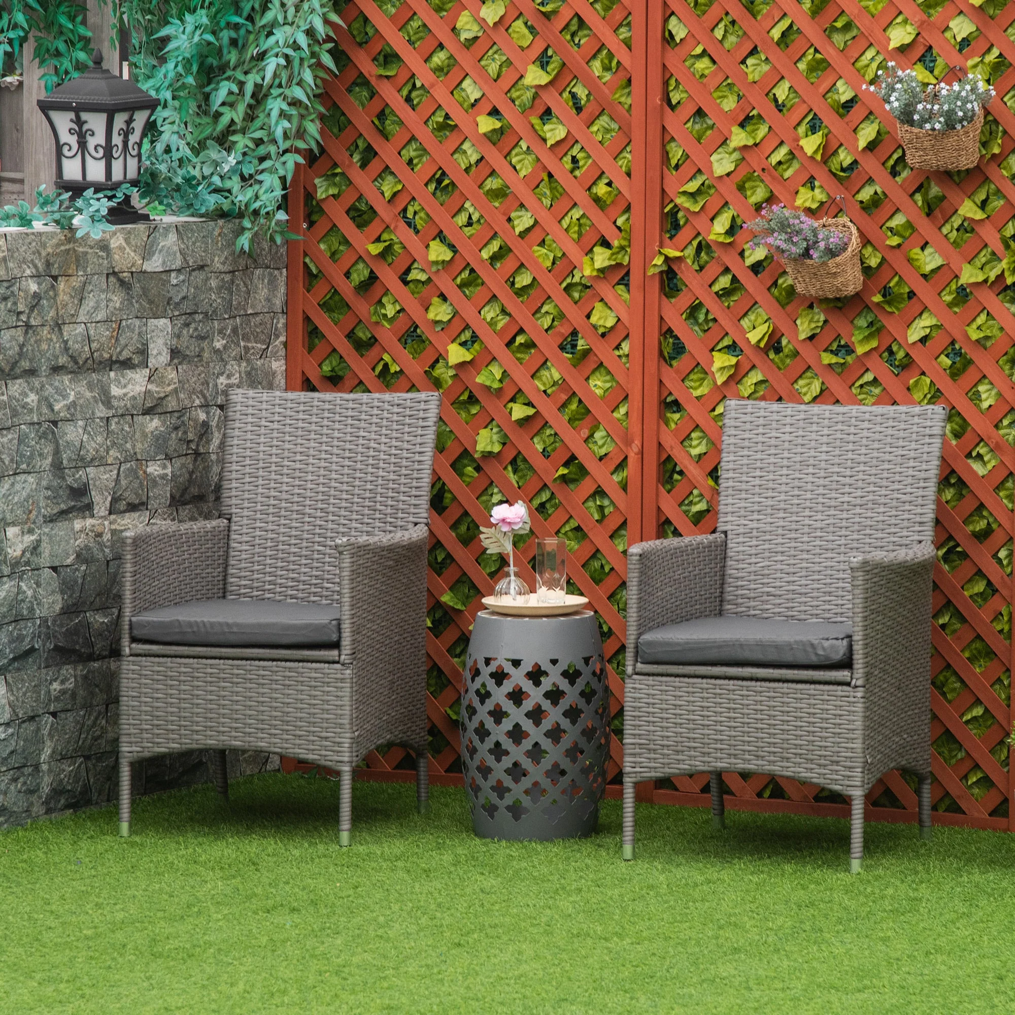 2 PC Outdoor Rattan Armchair Dining Chair Garden Patio Furniture w/ Armrests Cushions Grey - Image 2