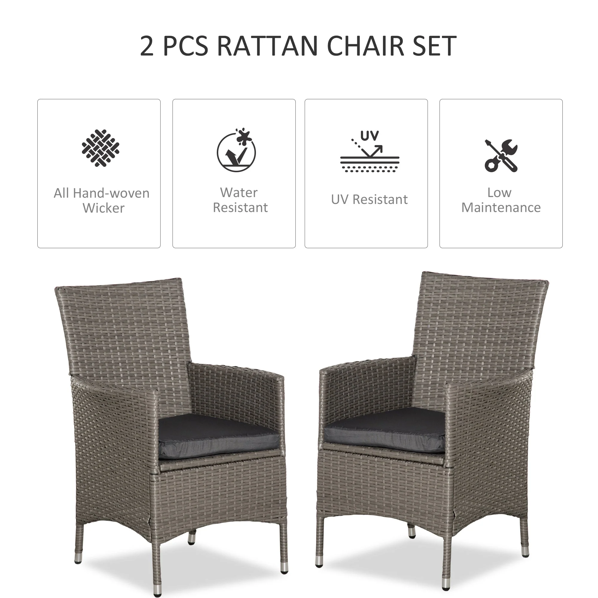 2 PC Outdoor Rattan Armchair Dining Chair Garden Patio Furniture w/ Armrests Cushions Grey - Image 4