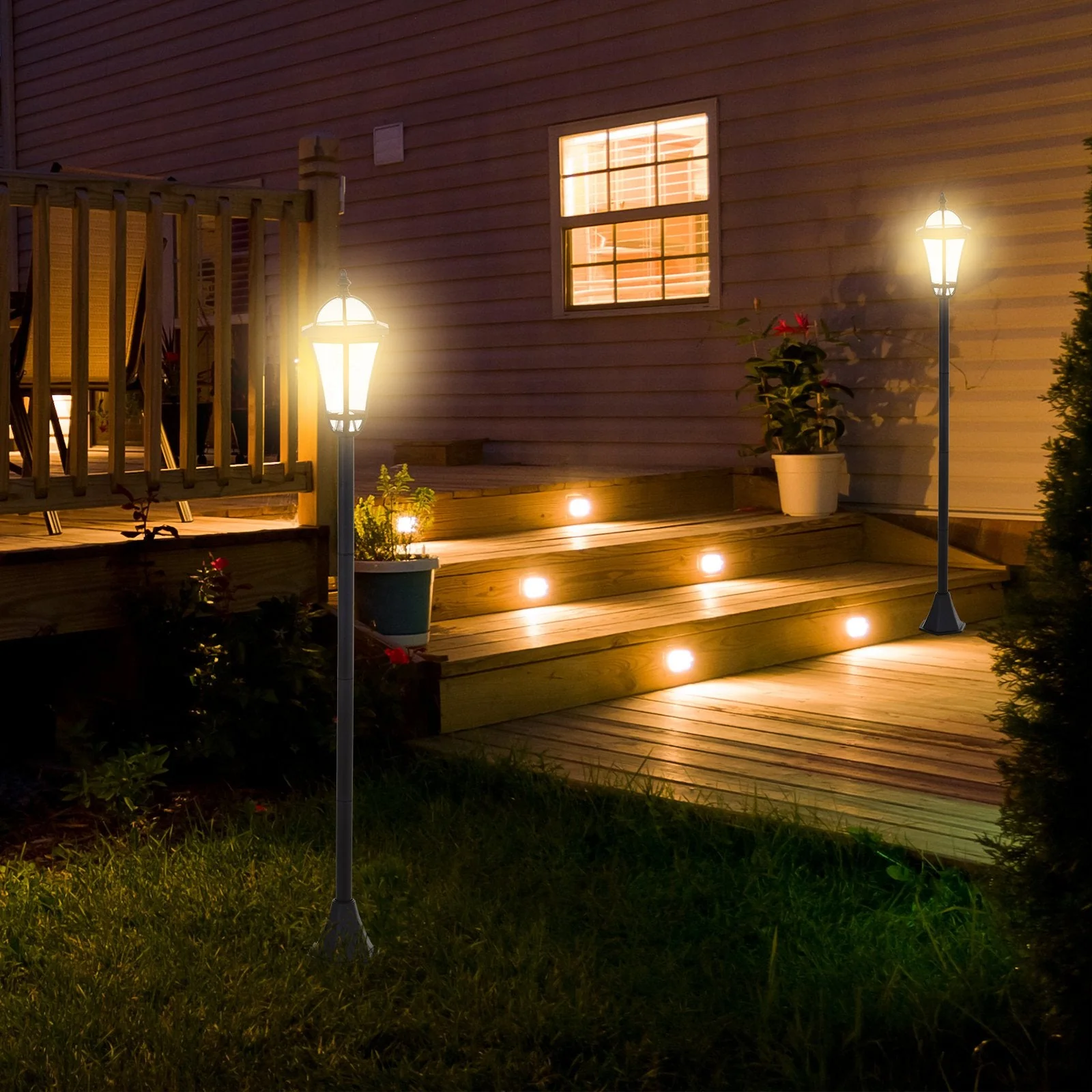 2-Piece LED Garden Lights Lamp Post Solar Powered Lantern Patio Pathway Walkway Outdoor Water-Resist Auto Switch 6 Hours Black - Image 2