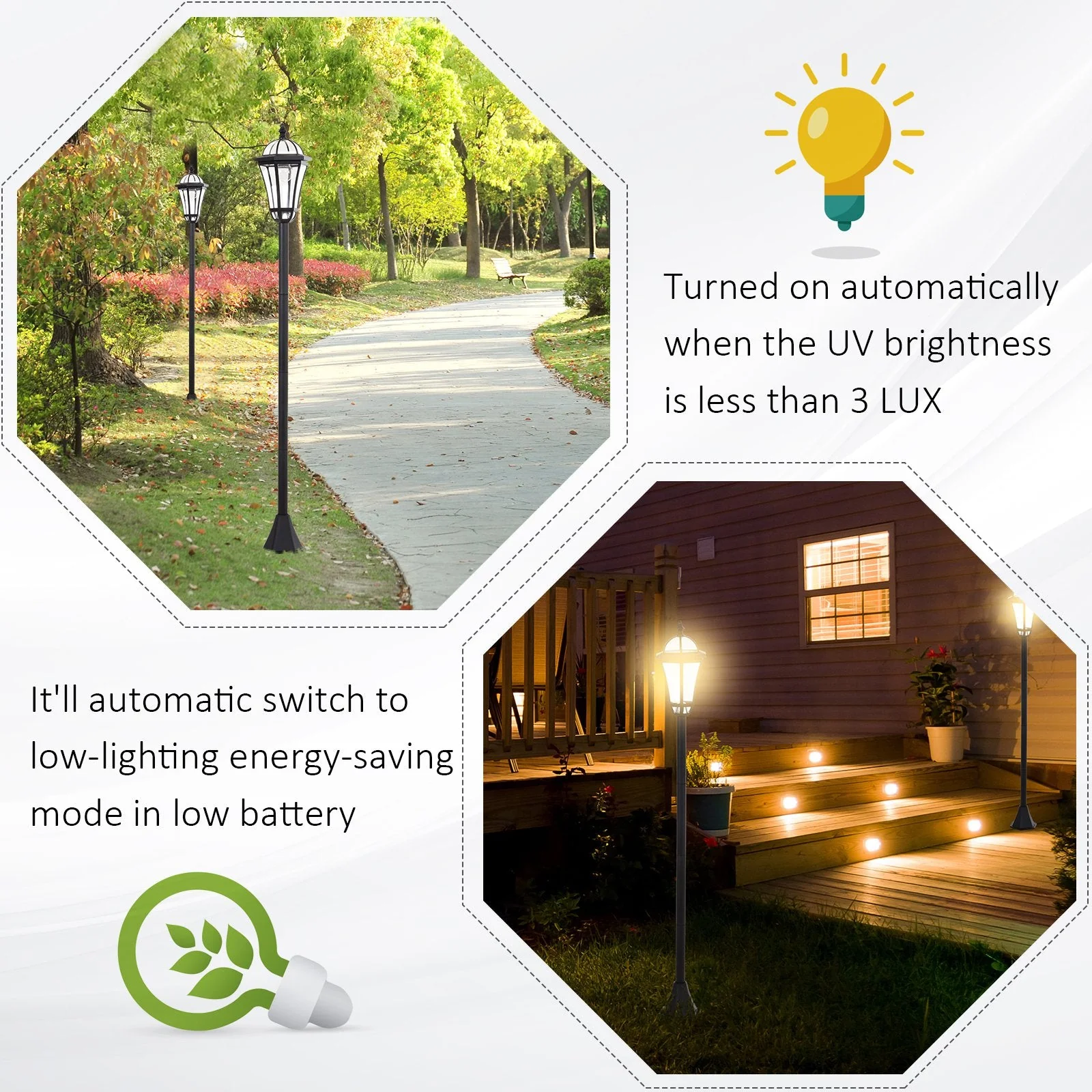 2-Piece LED Garden Lights Lamp Post Solar Powered Lantern Patio Pathway Walkway Outdoor Water-Resist Auto Switch 6 Hours Black - Image 4