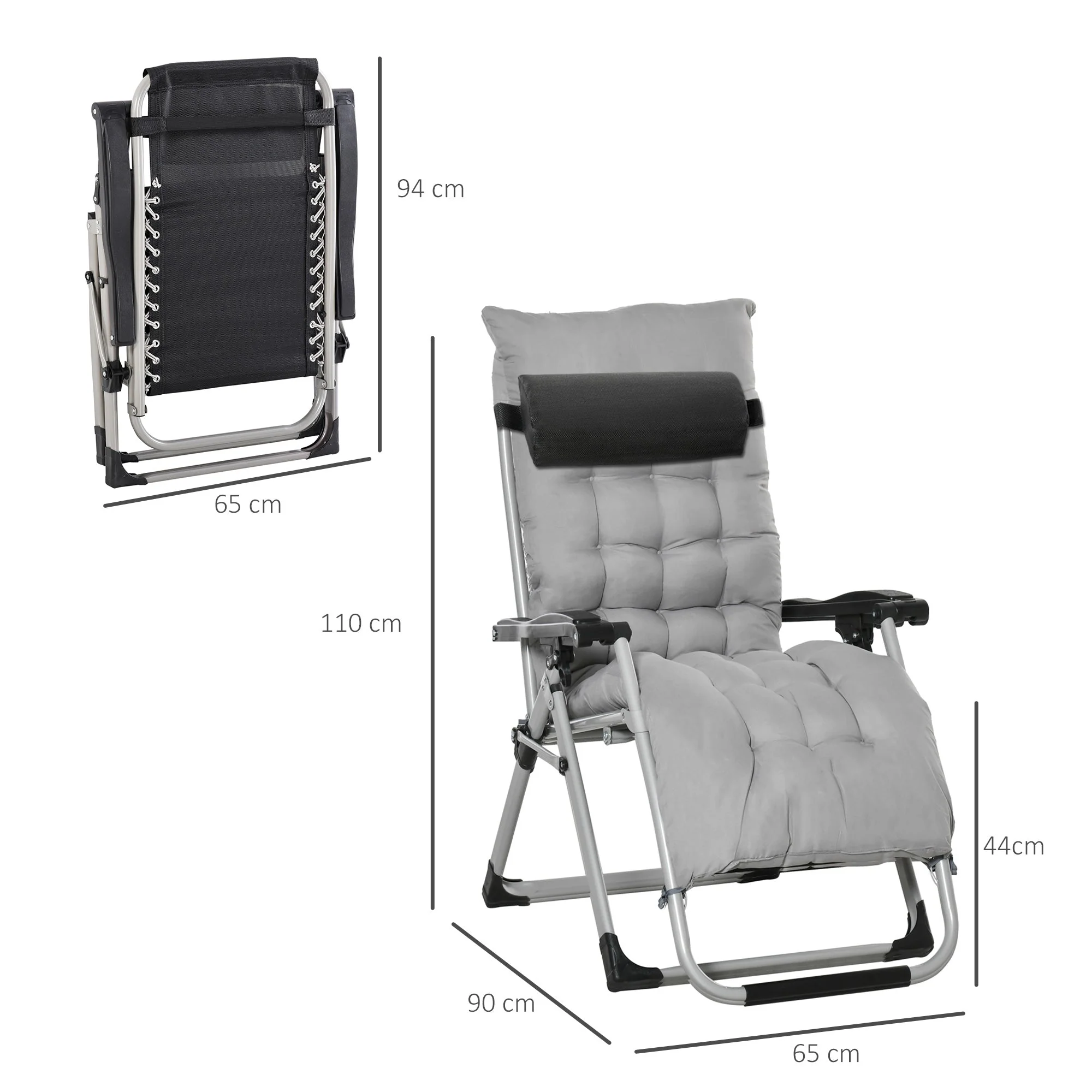 2-Piece Reclining Zero Gravity Chair Metal Frame Folding Garden Sun Lounger with Cushion Headrest Light Grey - Image 2