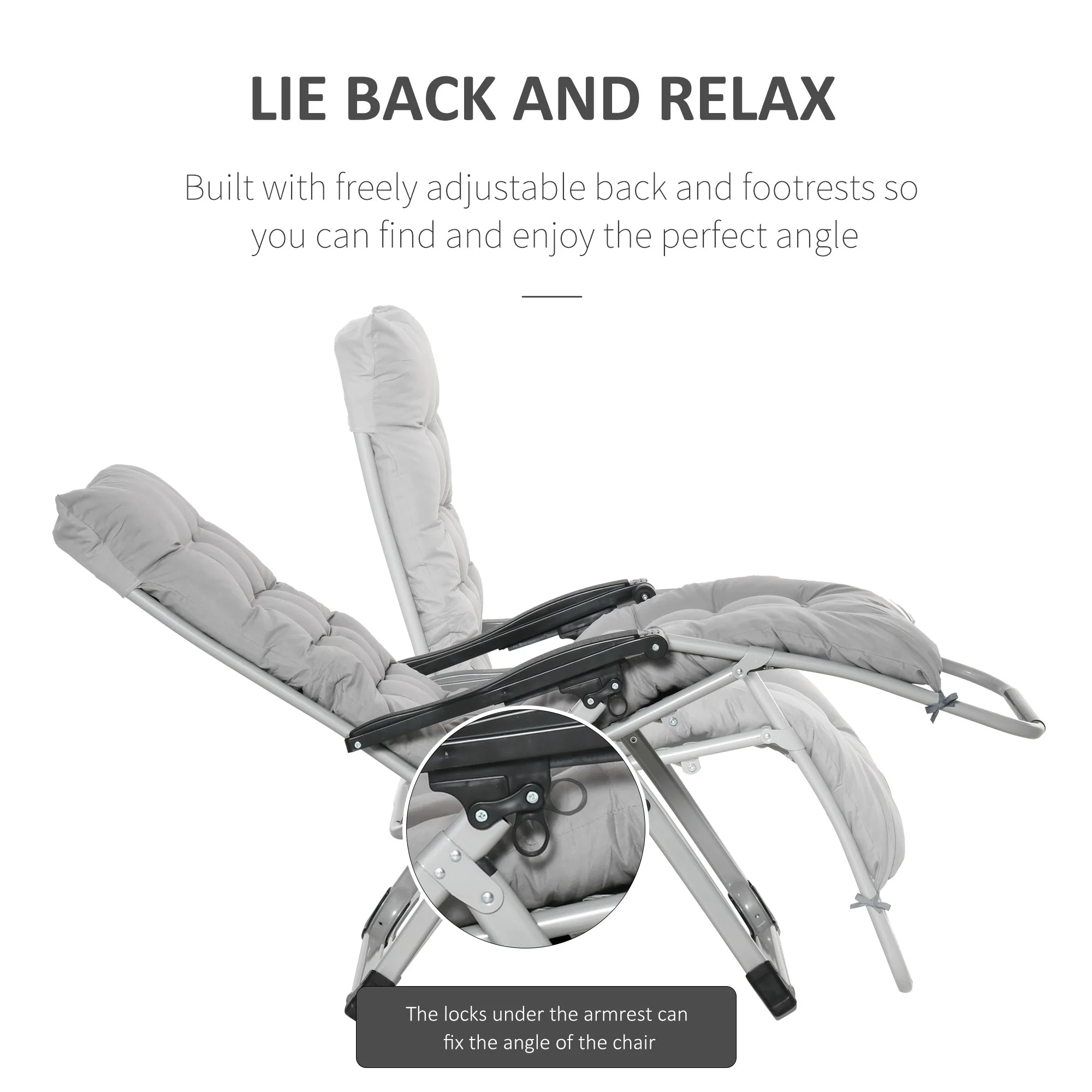 2-Piece Reclining Zero Gravity Chair Metal Frame Folding Garden Sun Lounger with Cushion Headrest Light Grey - Image 3