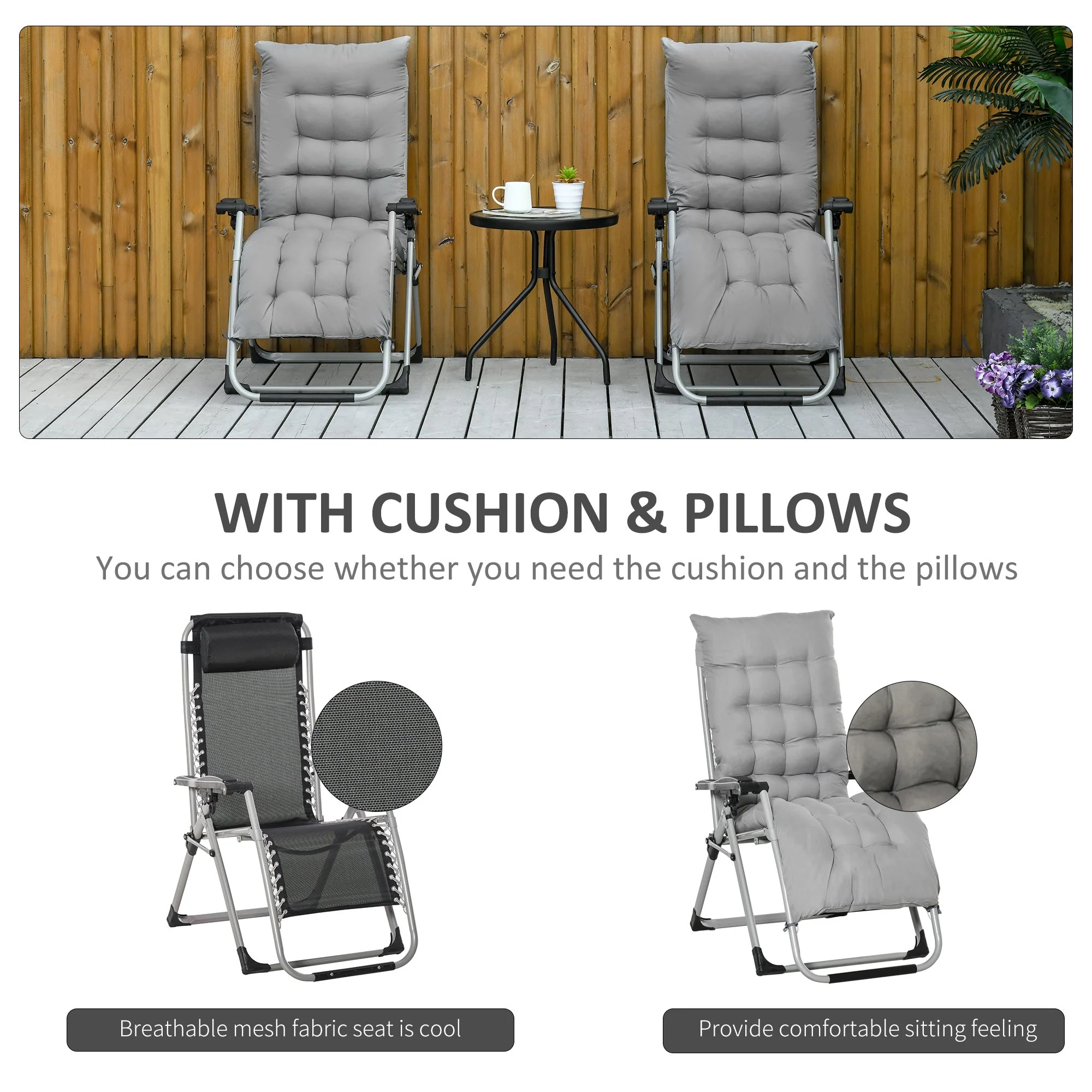 2-Piece Reclining Zero Gravity Chair Metal Frame Folding Garden Sun Lounger with Cushion Headrest Light Grey - Image 5
