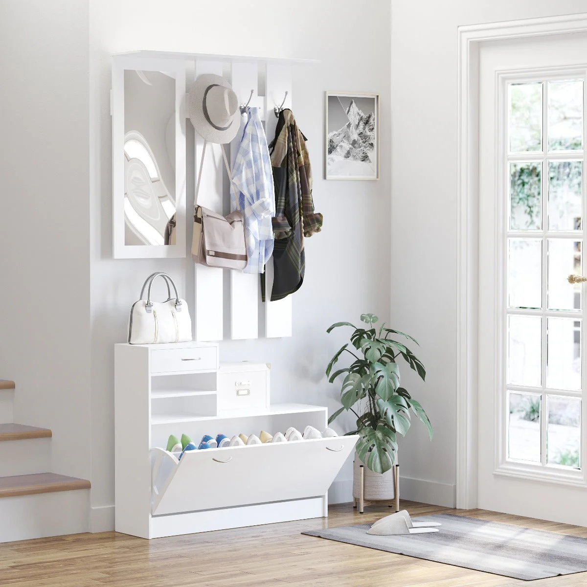 2-Piece Shoes Storage Chest Cloths Rack Unit Entryway Furniture Set Shoe Wardrobe W/Mirror Multiple Shelves-White - Image 2
