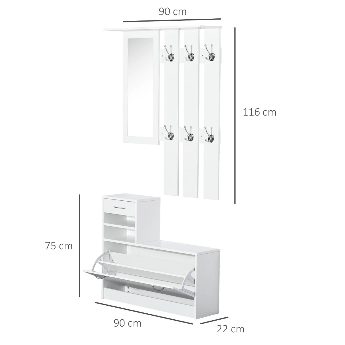 2-Piece Shoes Storage Chest Cloths Rack Unit Entryway Furniture Set Shoe Wardrobe W/Mirror Multiple Shelves-White - Image 3