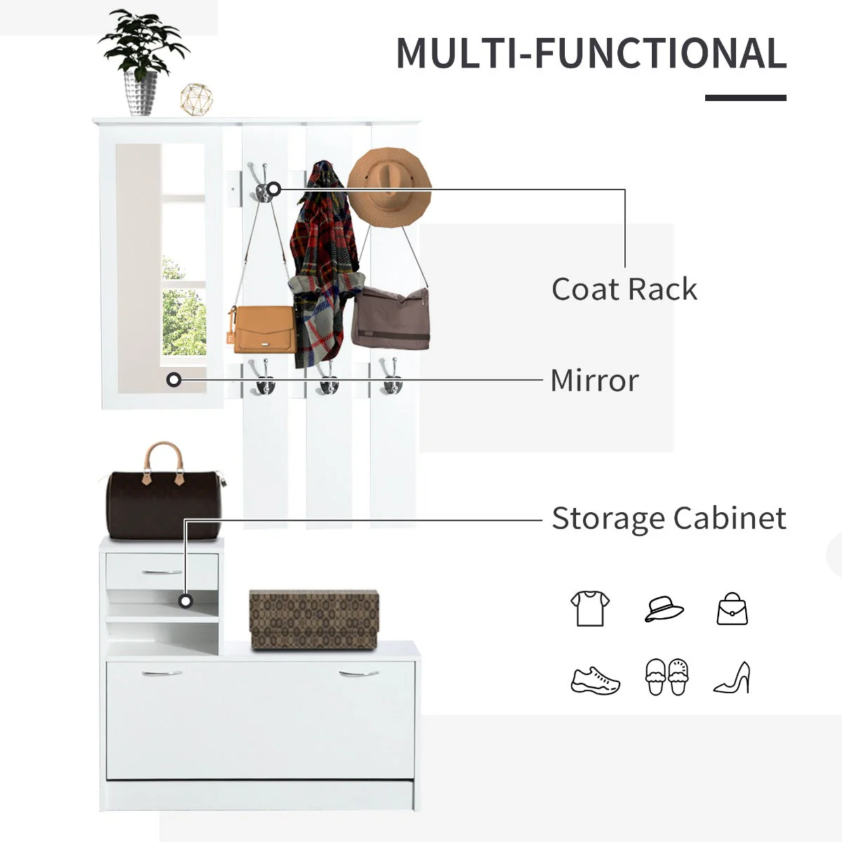 2-Piece Shoes Storage Chest Cloths Rack Unit Entryway Furniture Set Shoe Wardrobe W/Mirror Multiple Shelves-White - Image 4
