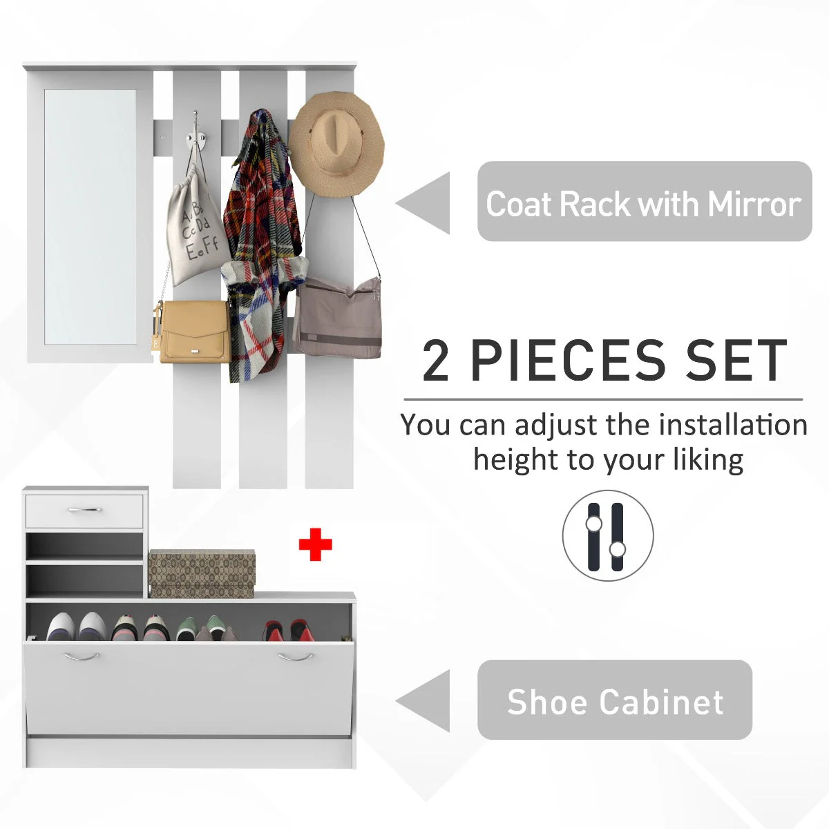 2-Piece Shoes Storage Chest Cloths Rack Unit Entryway Furniture Set Shoe Wardrobe W/Mirror Multiple Shelves-White - Image 8