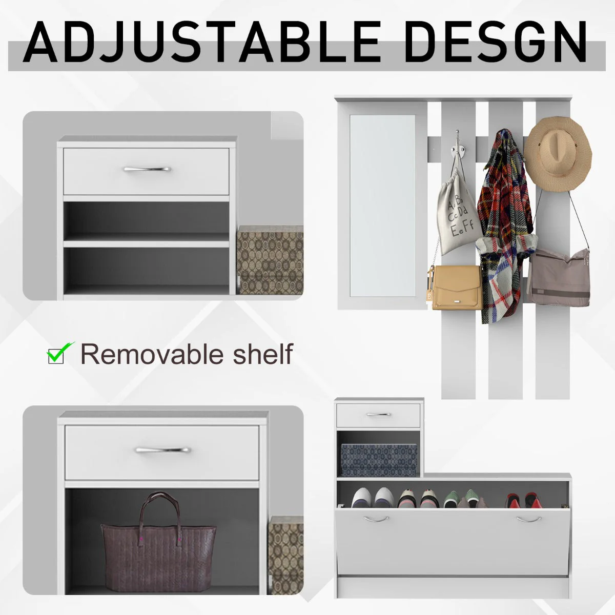 2-Piece Shoes Storage Chest Cloths Rack Unit Entryway Furniture Set Shoe Wardrobe W/Mirror Multiple Shelves-White - Image 9