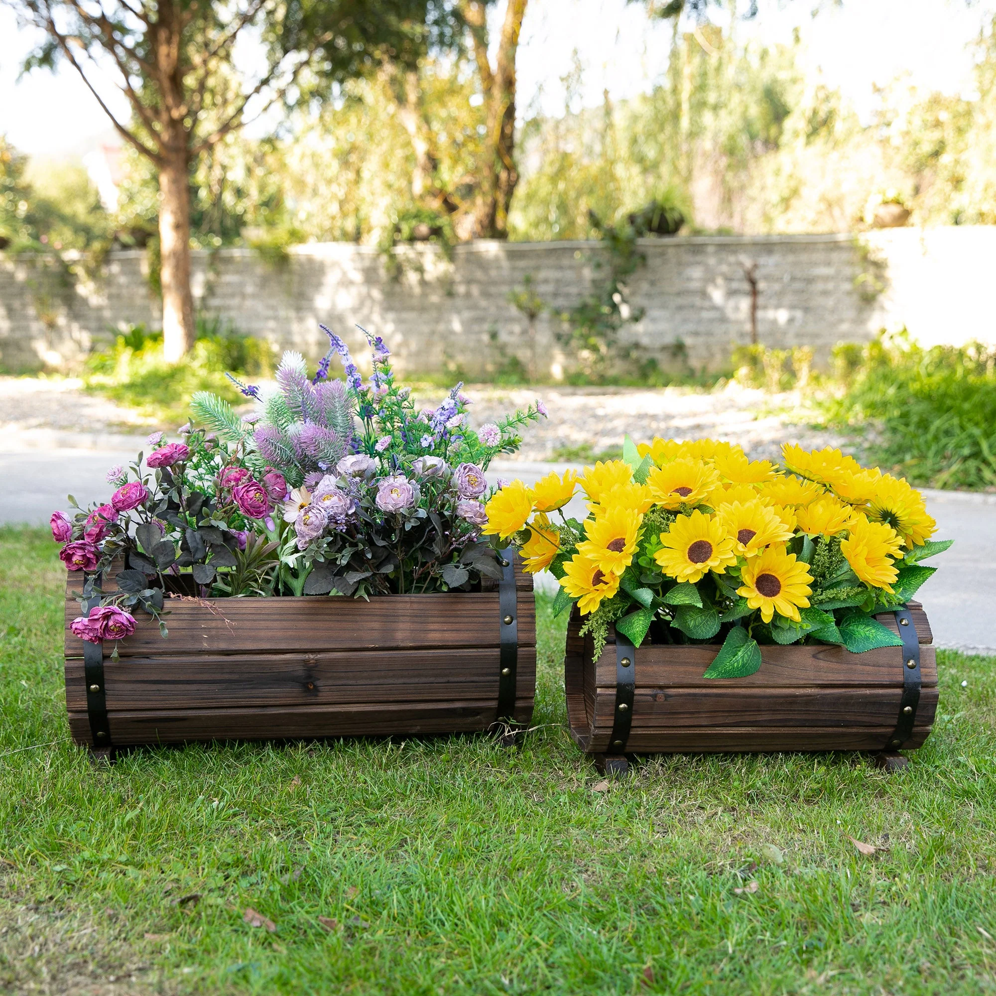 2-Piece Wooden Flower Plant Pot Outdoor&Indoor Plant Box with Solid Wood - Image 2