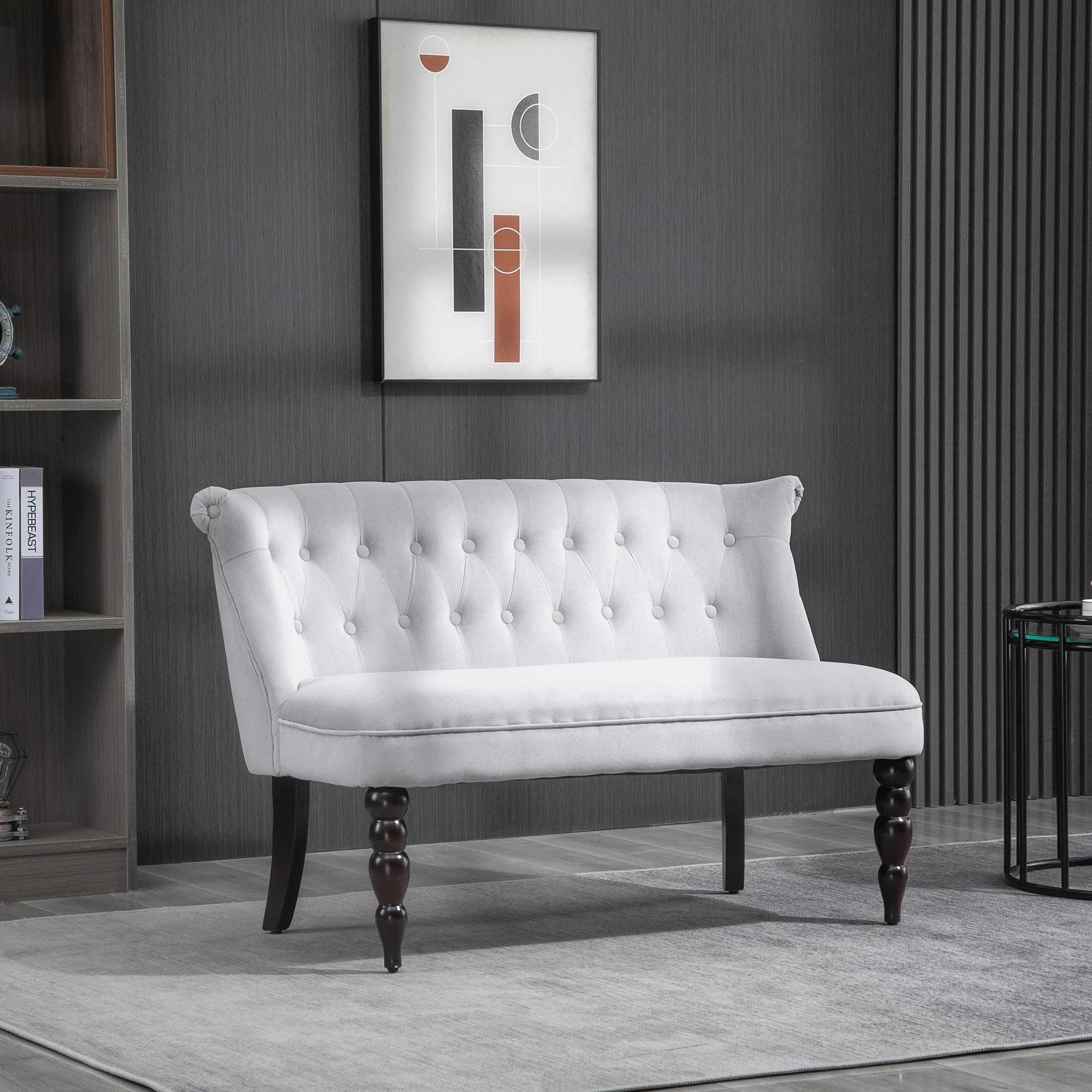 2 Seat Sofa Lounger Couch with Wood Frame Button Tufts Carved Legs Vintage Design Compact Home Bedroom Loveseat Grey - Image 2