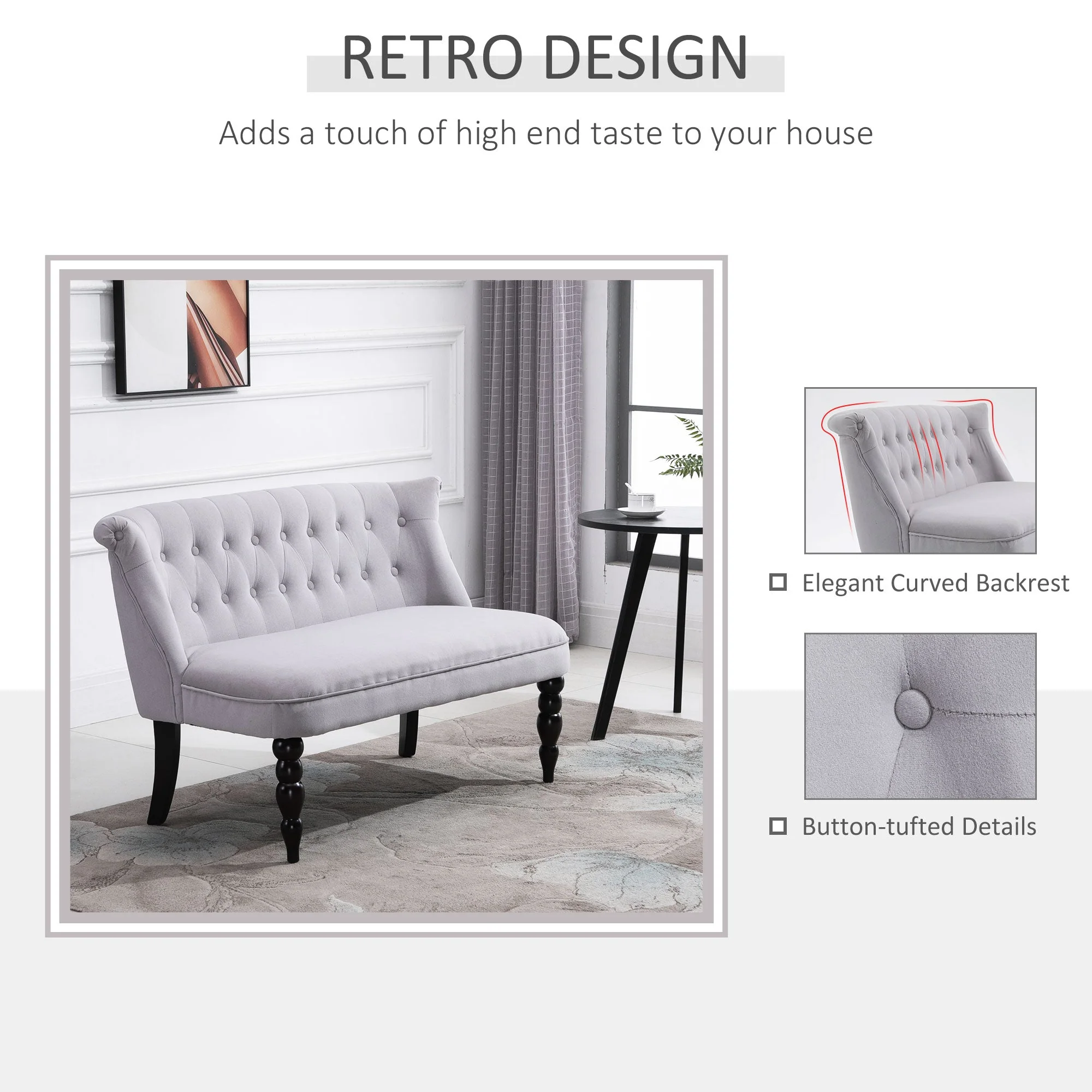 2 Seat Sofa Lounger Couch with Wood Frame Button Tufts Carved Legs Vintage Design Compact Home Bedroom Loveseat Grey - Image 4