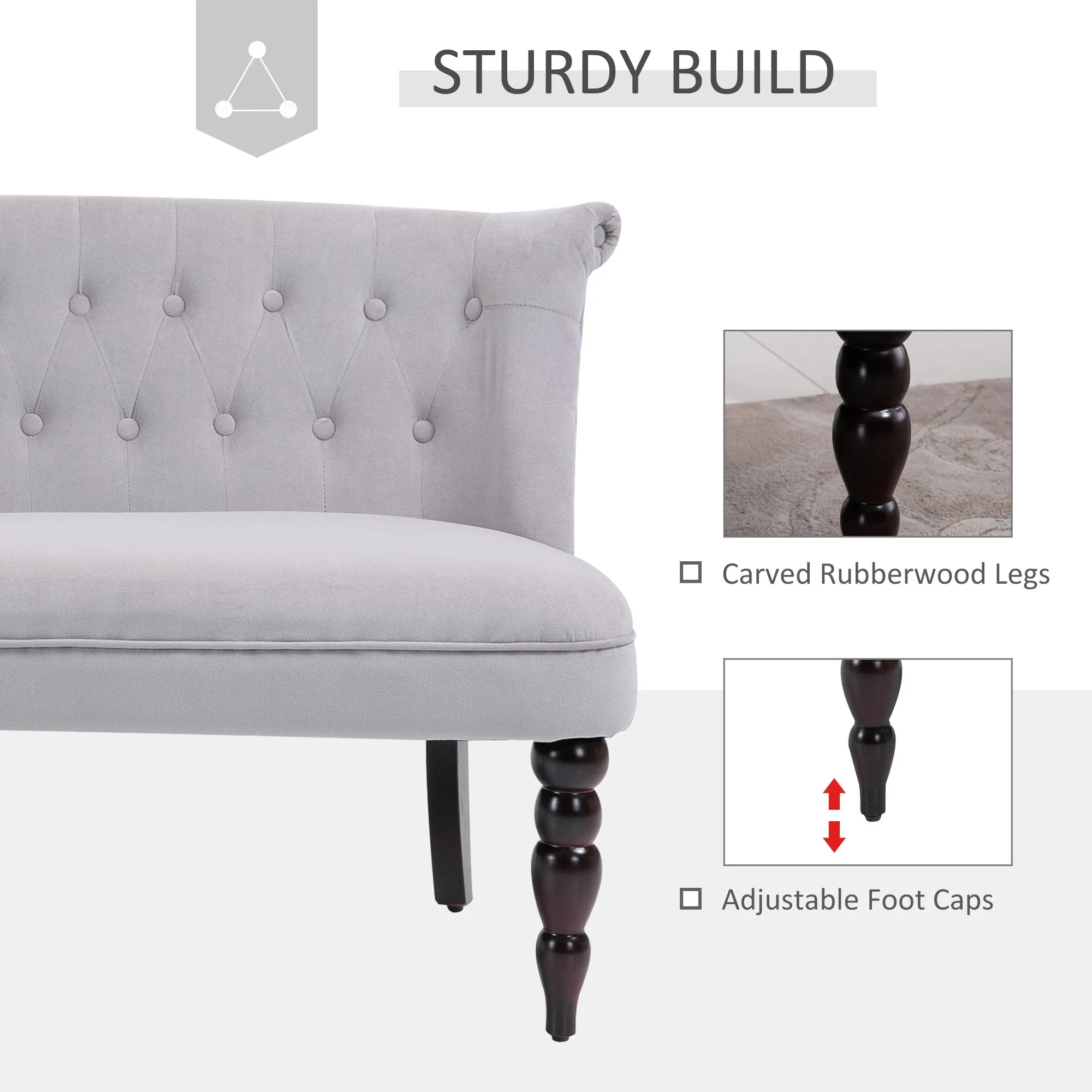 2 Seat Sofa Lounger Couch with Wood Frame Button Tufts Carved Legs Vintage Design Compact Home Bedroom Loveseat Grey - Image 6