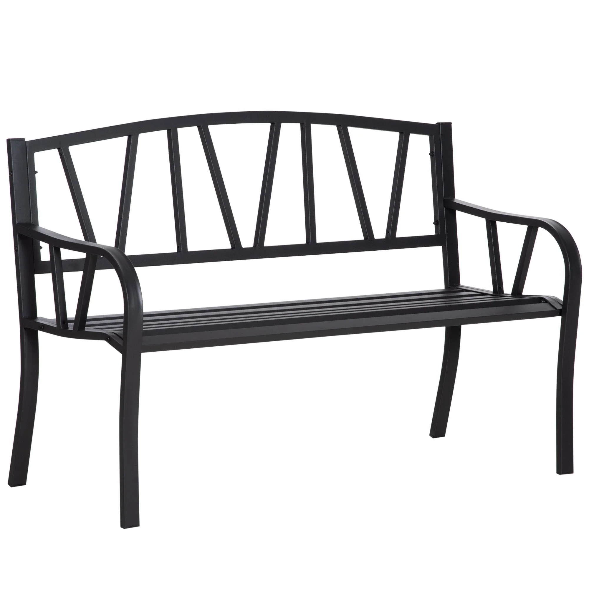 2 Seater Garden Bench Metal Loveseat w/ Decorative Backrest Ergonomic Armrest