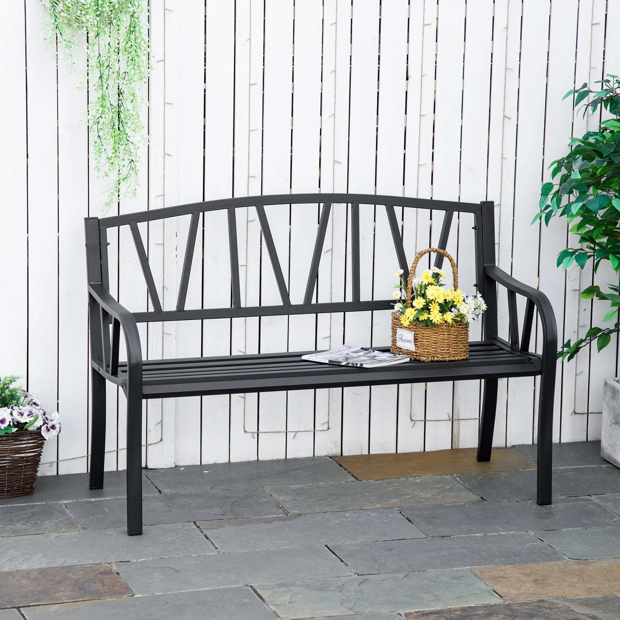 2 Seater Garden Bench Metal Loveseat w/ Decorative Backrest Ergonomic Armrest - Image 2