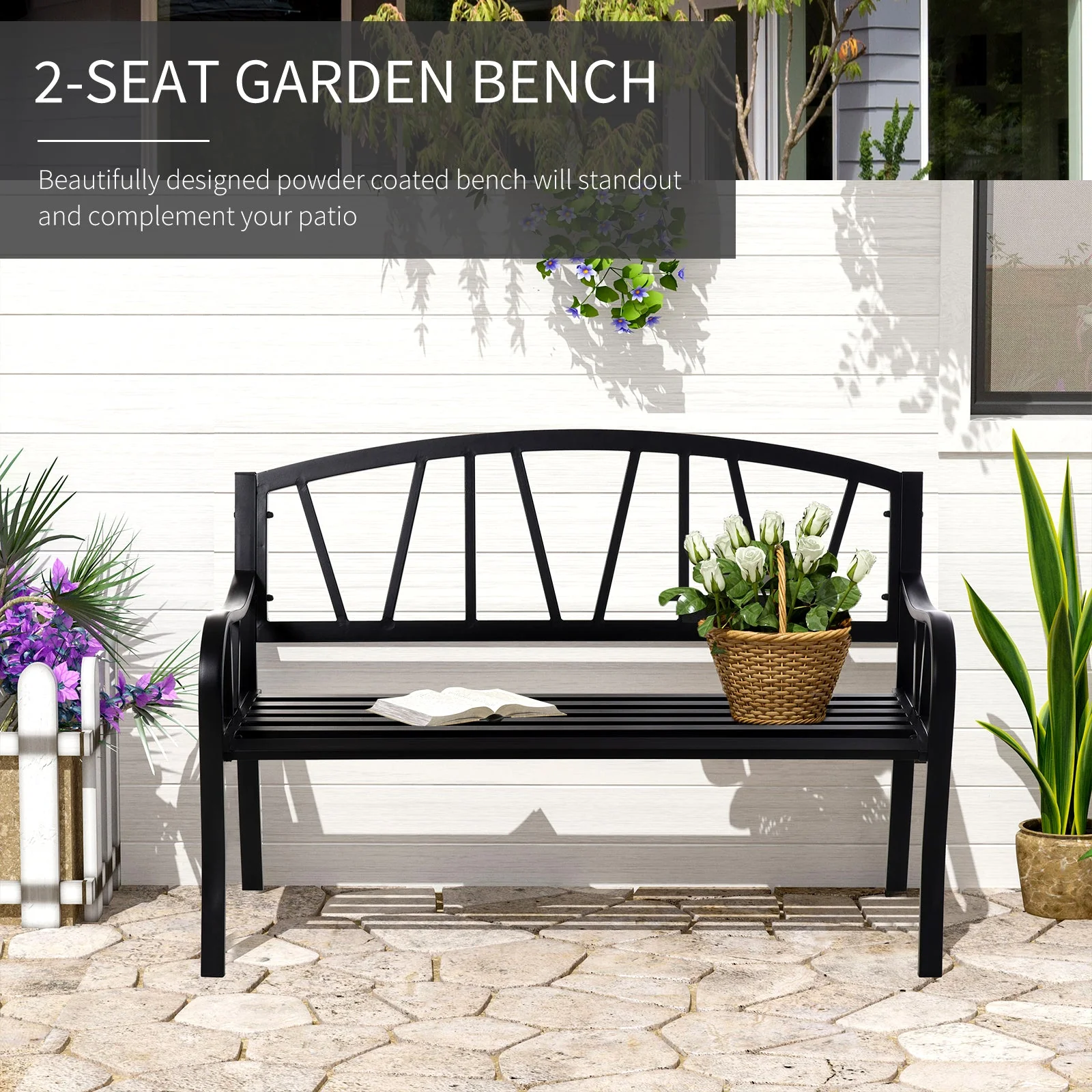 2 Seater Garden Bench Metal Loveseat w/ Decorative Backrest Ergonomic Armrest - Image 4