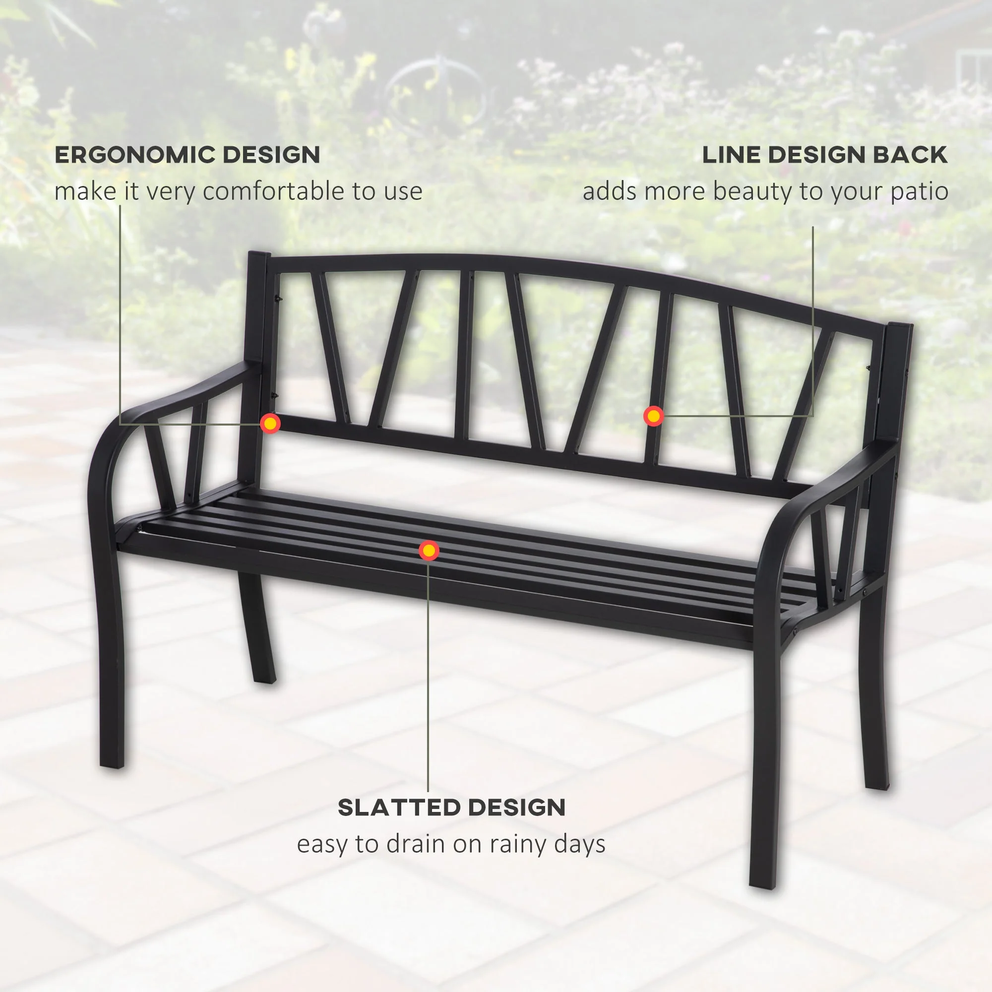 2 Seater Garden Bench Metal Loveseat w/ Decorative Backrest Ergonomic Armrest - Image 5
