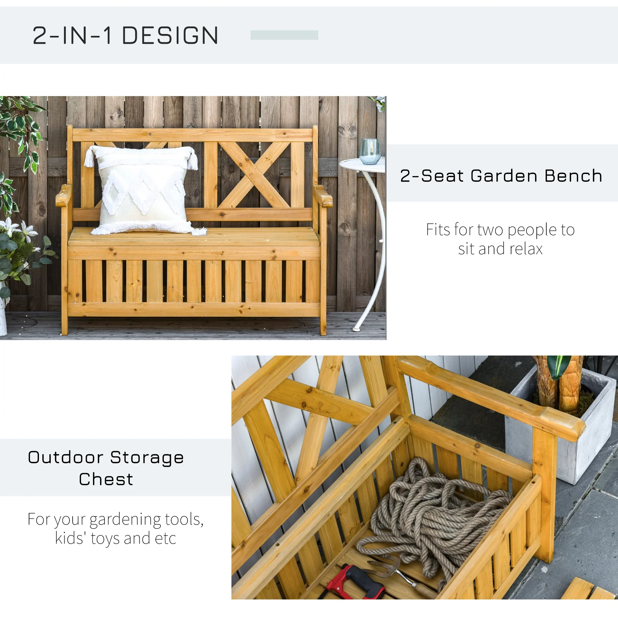 2 Seater Garden Storage Bench for Patio Wood Porch Decor Outdoor Seating - Image 4