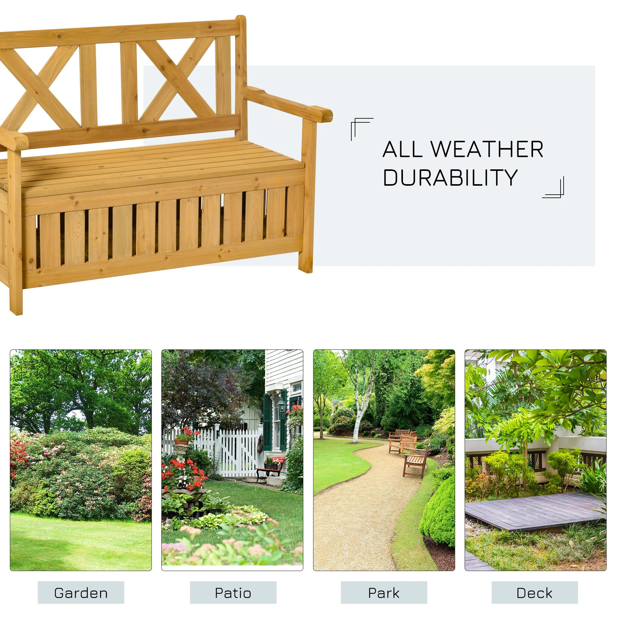 2 Seater Garden Storage Bench for Patio Wood Porch Decor Outdoor Seating - Image 7