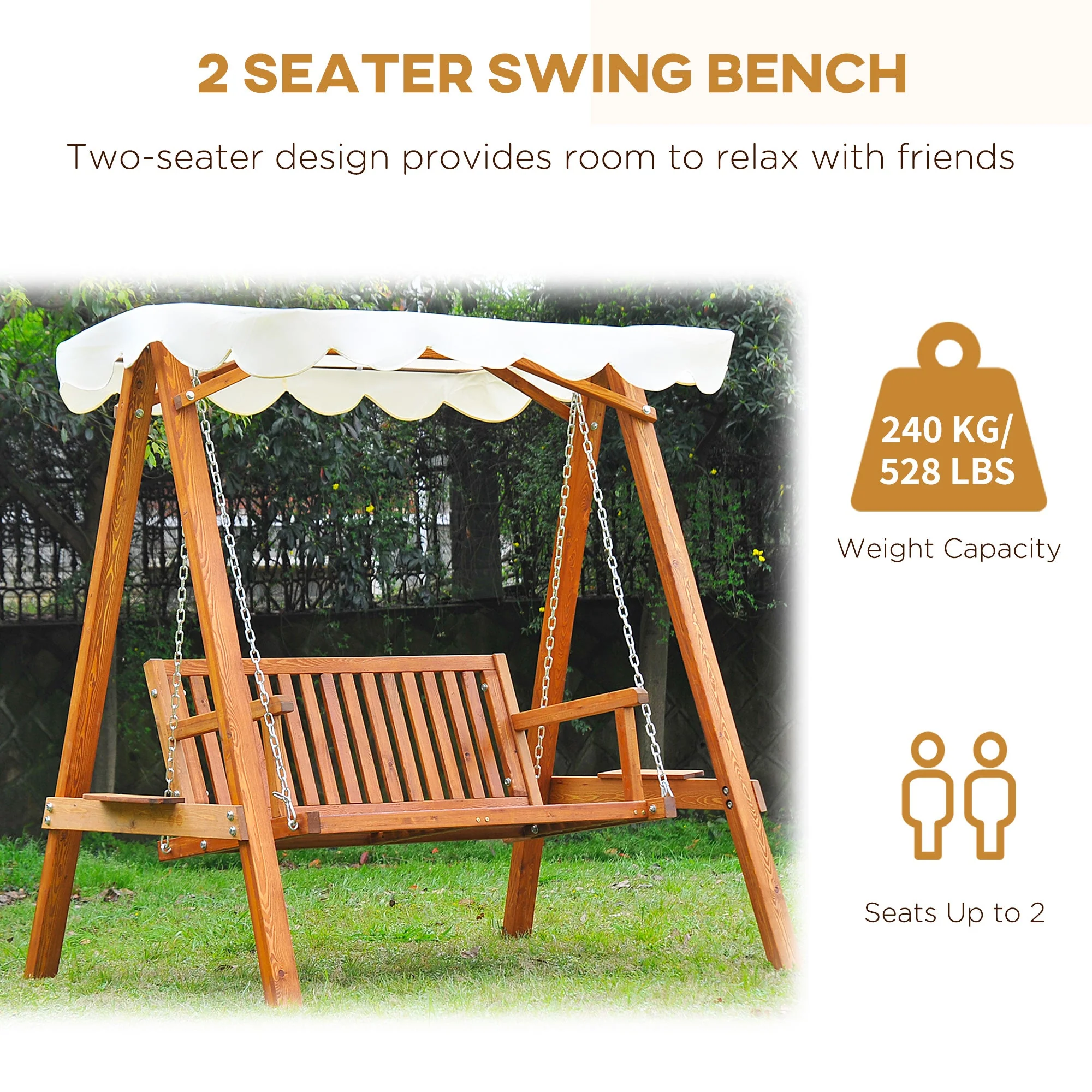 2 Seater Garden Swing Seat Wooden Swing Chair Outdoor Hammock Bench Furniture - Image 6