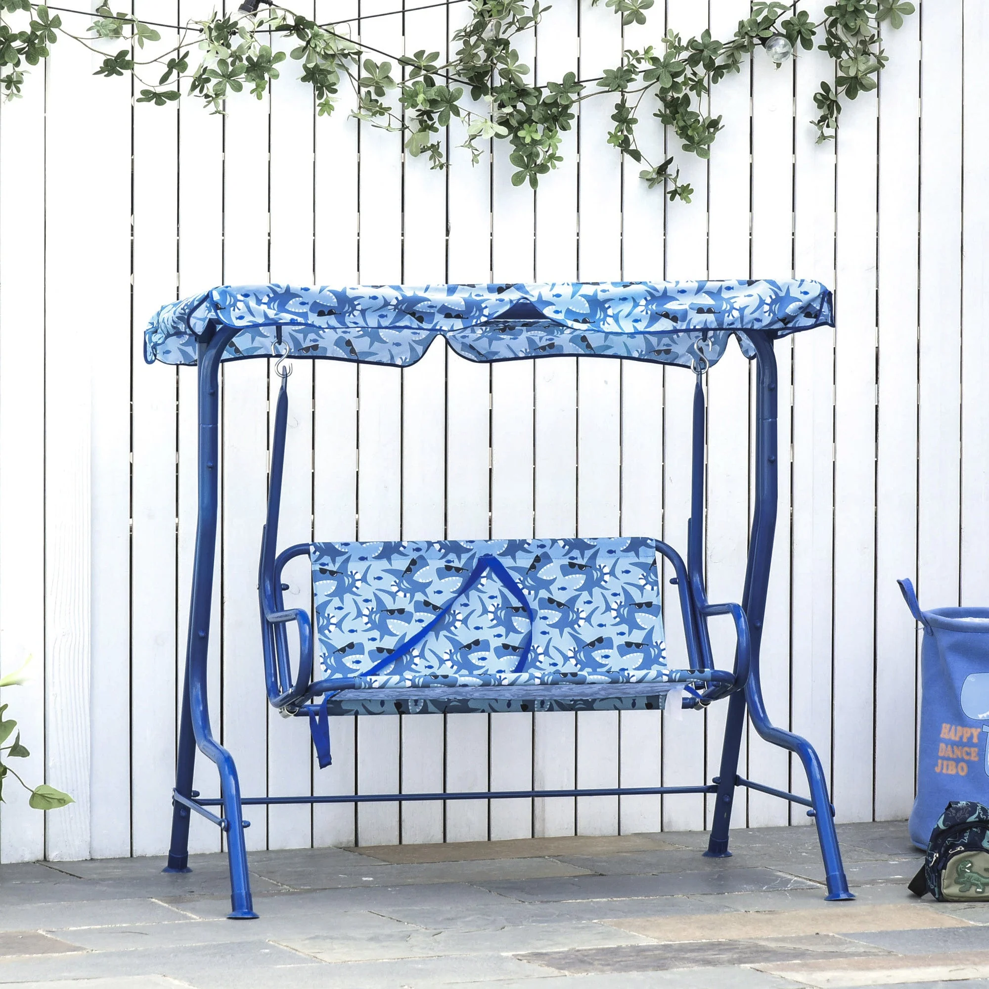 2 Seater Kids Swing Chair Double Garden Swing Seat w/ Belt Adjustable Canopy Fun Toddler Glider Hammock Lounge Backyard Blue - Image 2