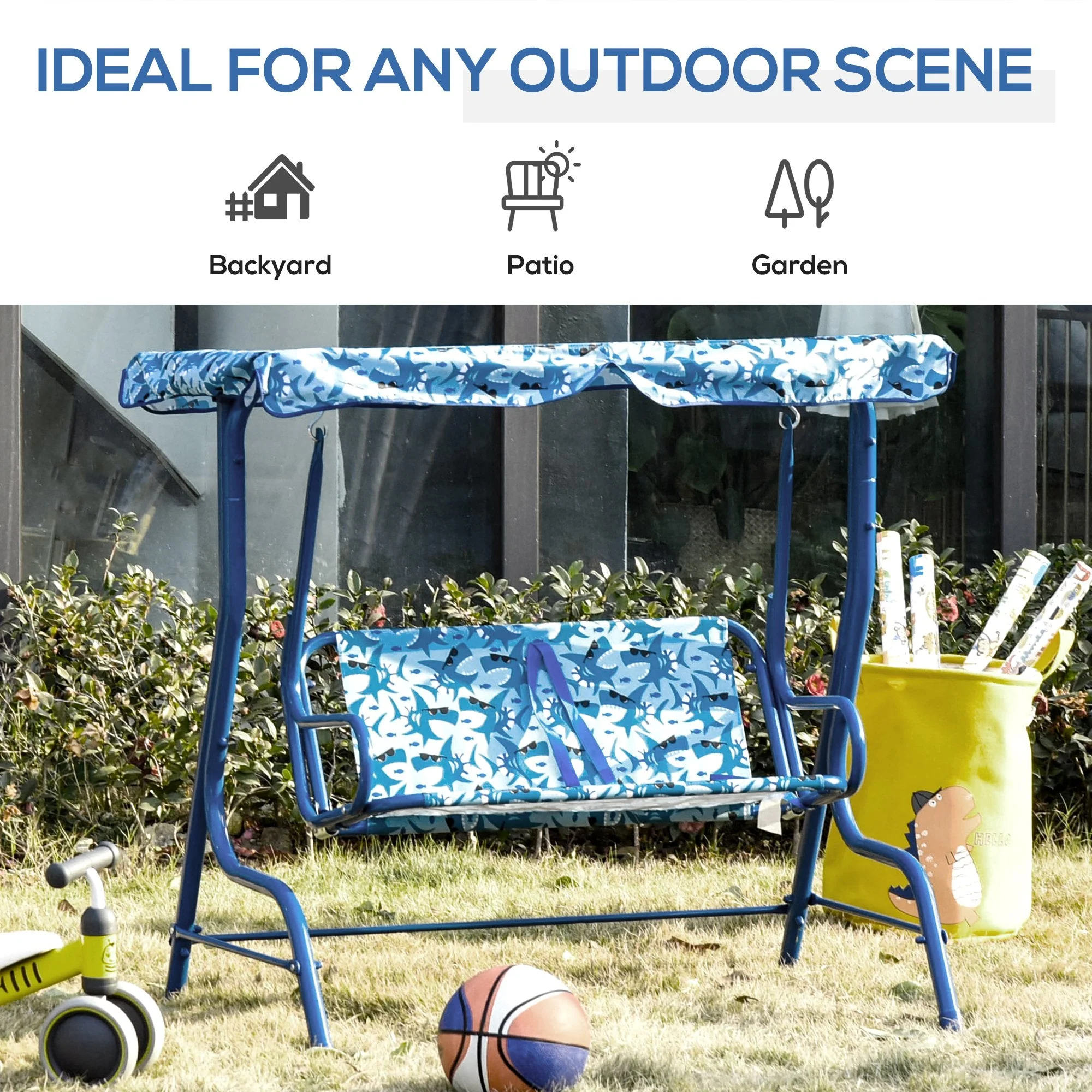 2 Seater Kids Swing Chair Double Garden Swing Seat w/ Belt Adjustable Canopy Fun Toddler Glider Hammock Lounge Backyard Blue - Image 4