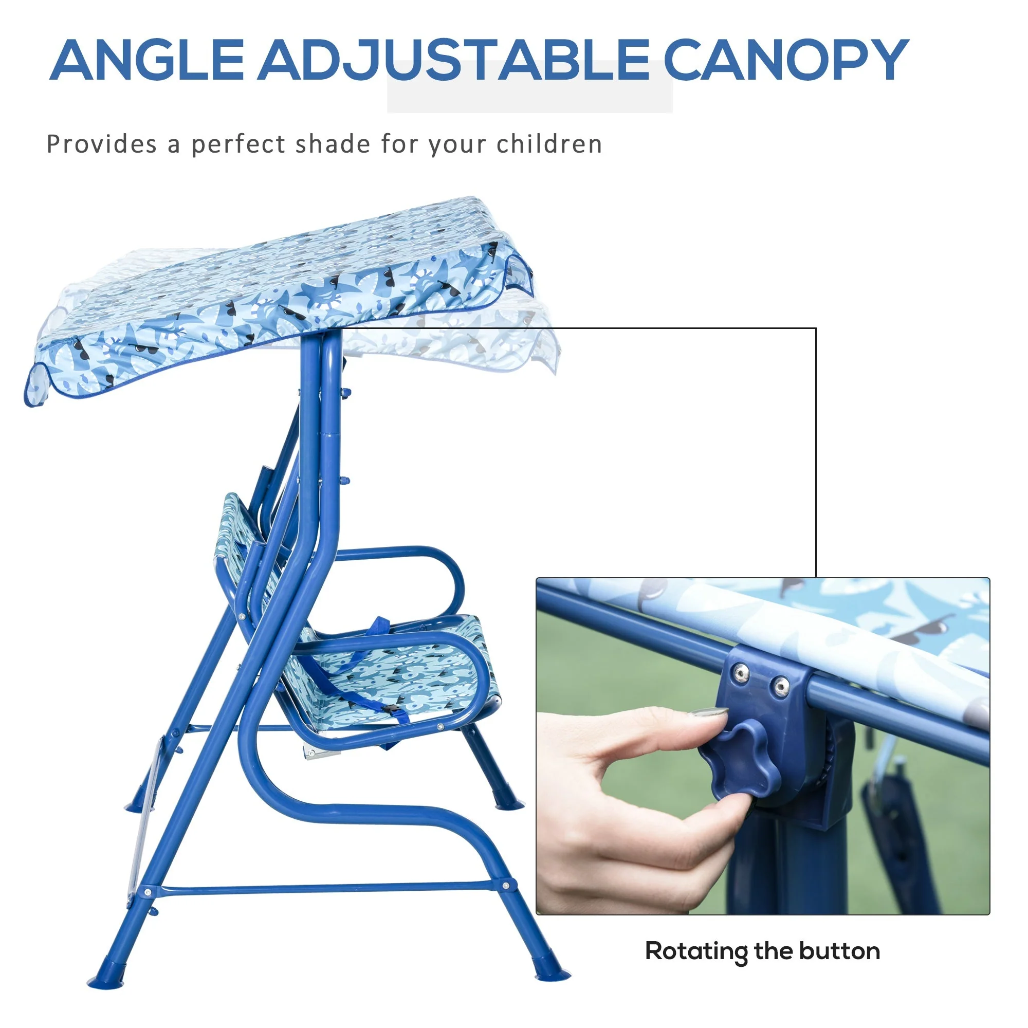 2 Seater Kids Swing Chair Double Garden Swing Seat w/ Belt Adjustable Canopy Fun Toddler Glider Hammock Lounge Backyard Blue - Image 6