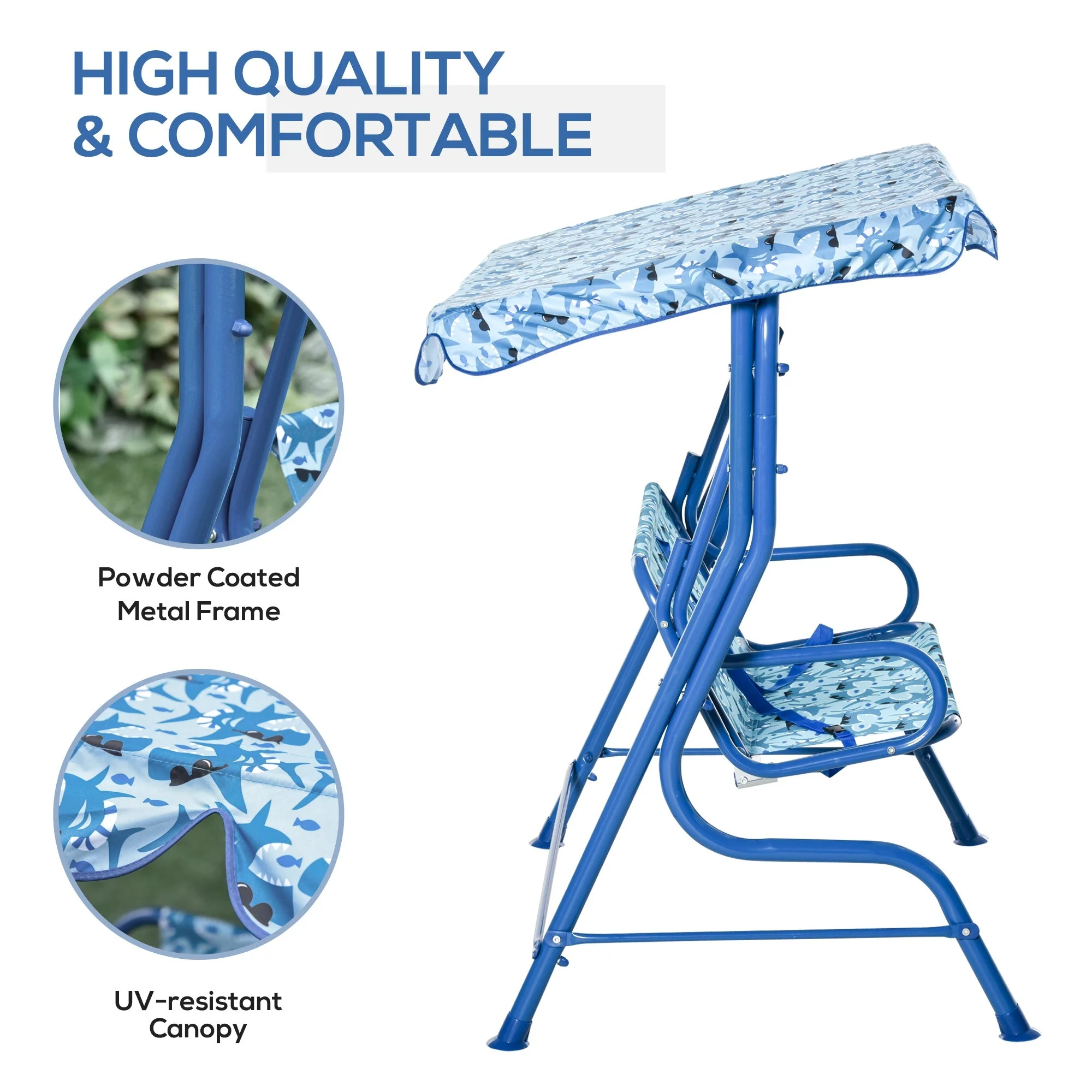 2 Seater Kids Swing Chair Double Garden Swing Seat w/ Belt Adjustable Canopy Fun Toddler Glider Hammock Lounge Backyard Blue - Image 7