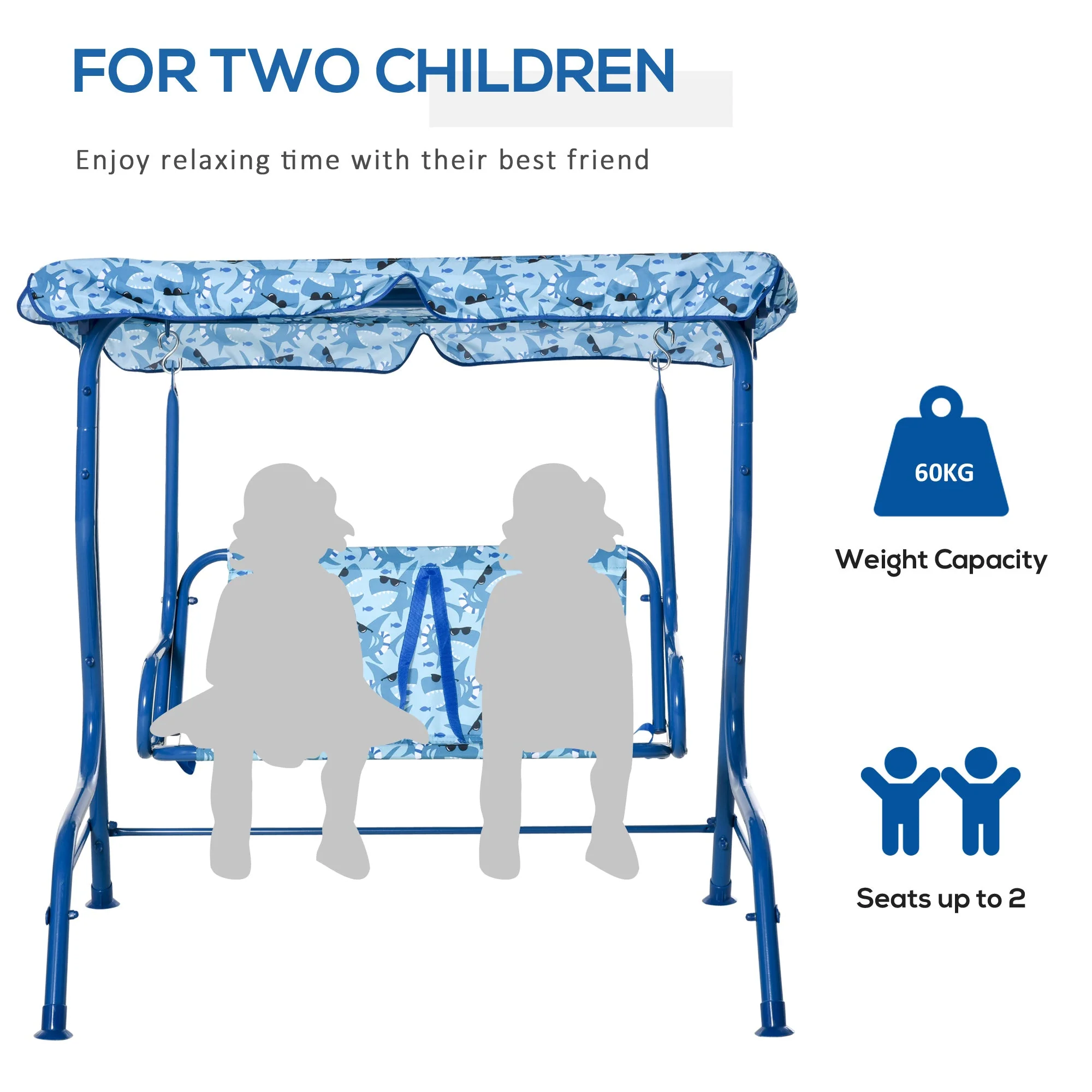 2 Seater Kids Swing Chair Double Garden Swing Seat w/ Belt Adjustable Canopy Fun Toddler Glider Hammock Lounge Backyard Blue - Image 8