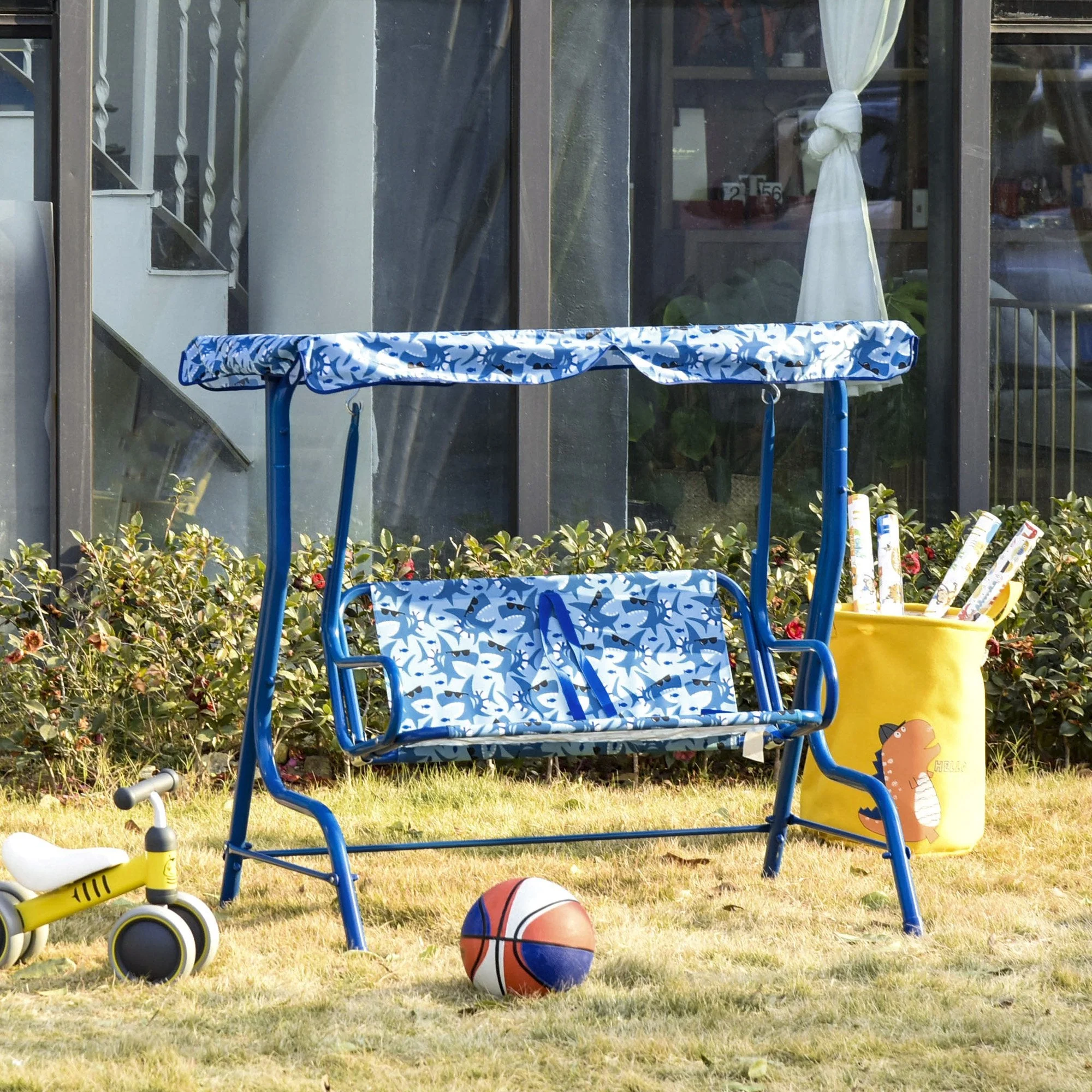 2 Seater Kids Swing Chair Double Garden Swing Seat w/ Belt Adjustable Canopy Fun Toddler Glider Hammock Lounge Backyard Blue - Image 9