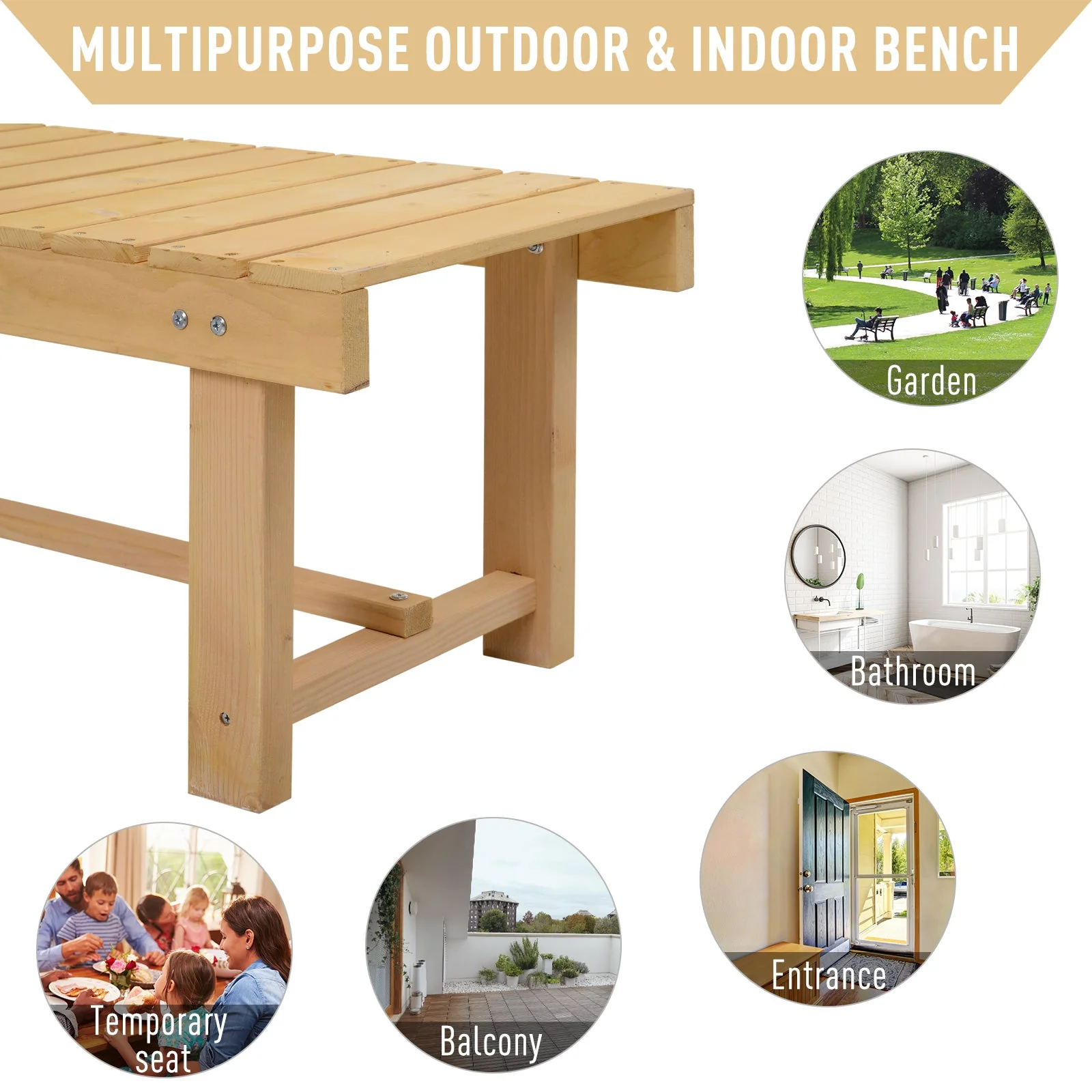 2 Seater Outdoor Indoor Garden Wooden Bench Patio Loveseat Fir 110L x 38W x 35H cm Natural - Image 5