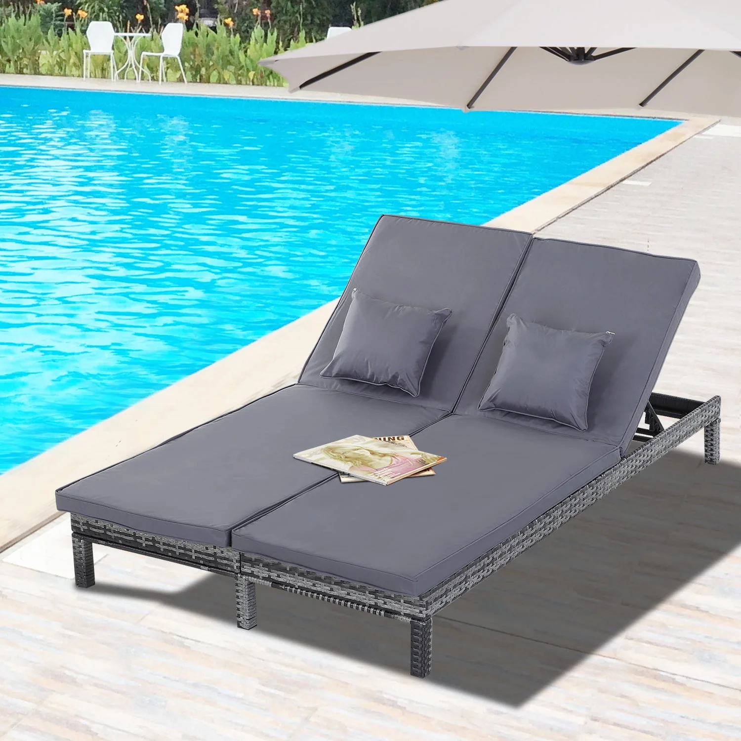2 Seater Rattan Lounger Adjustable Double Chaise Chair Loveseat w/ Cushion - Grey - Image 2