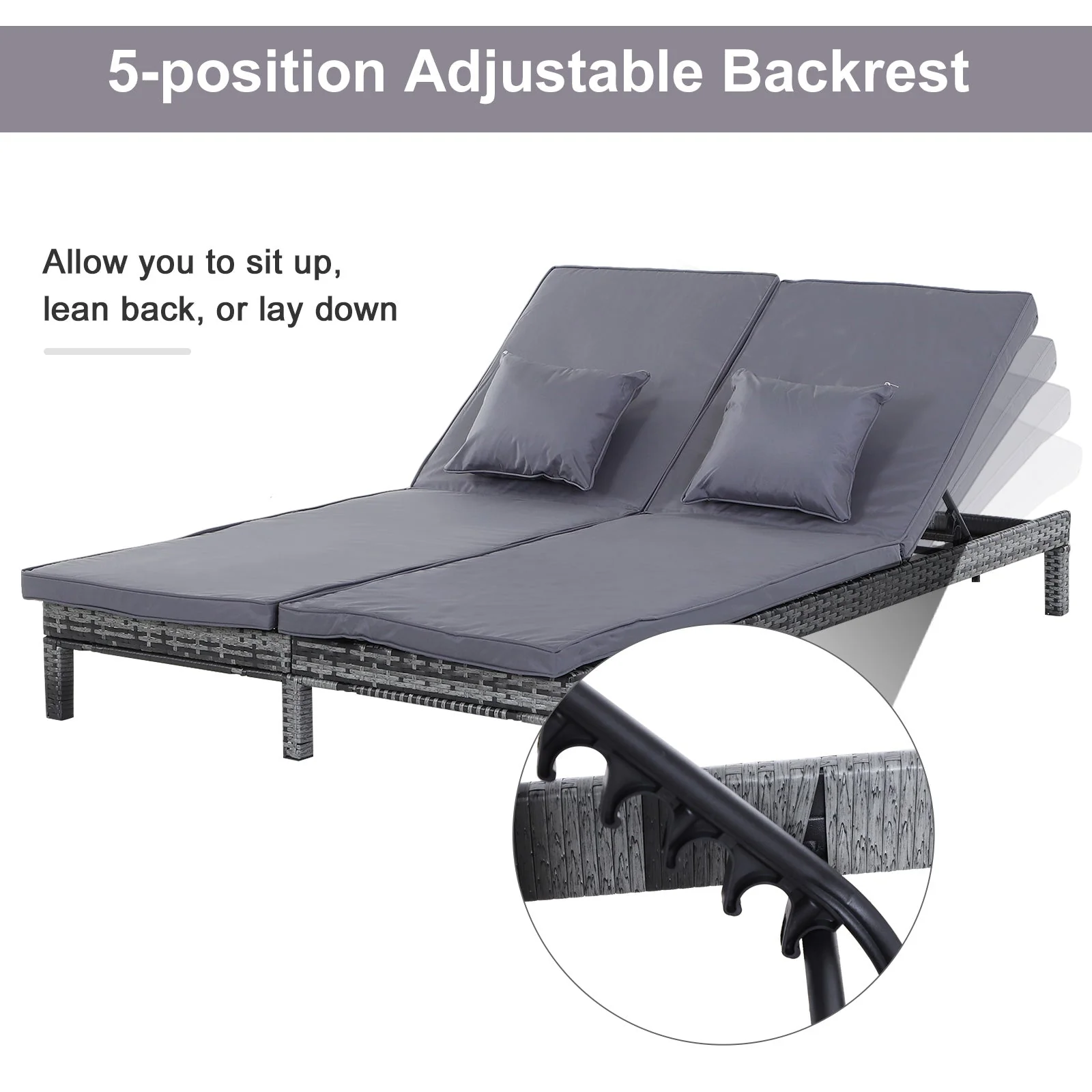 2 Seater Rattan Lounger Adjustable Double Chaise Chair Loveseat w/ Cushion - Grey - Image 5