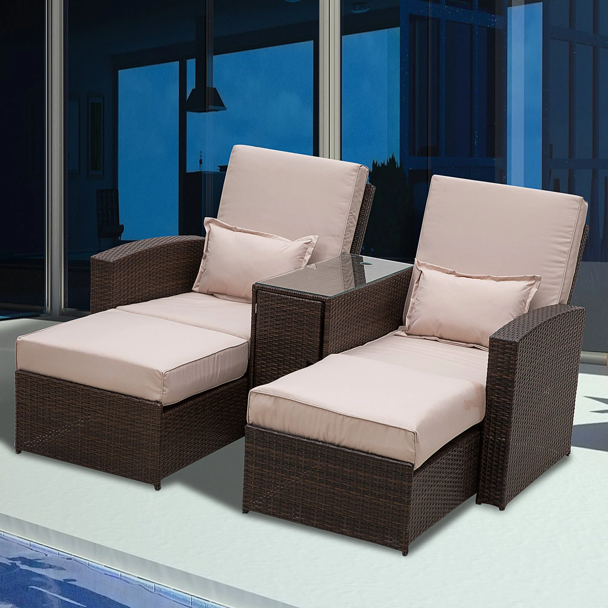 2 Seater Rattan Sofa Lounger Set-Brown - Image 2