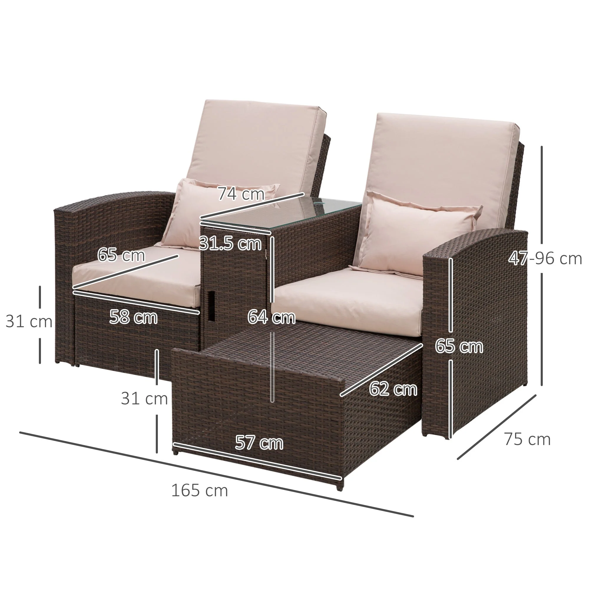 2 Seater Rattan Sofa Lounger Set-Brown - Image 3