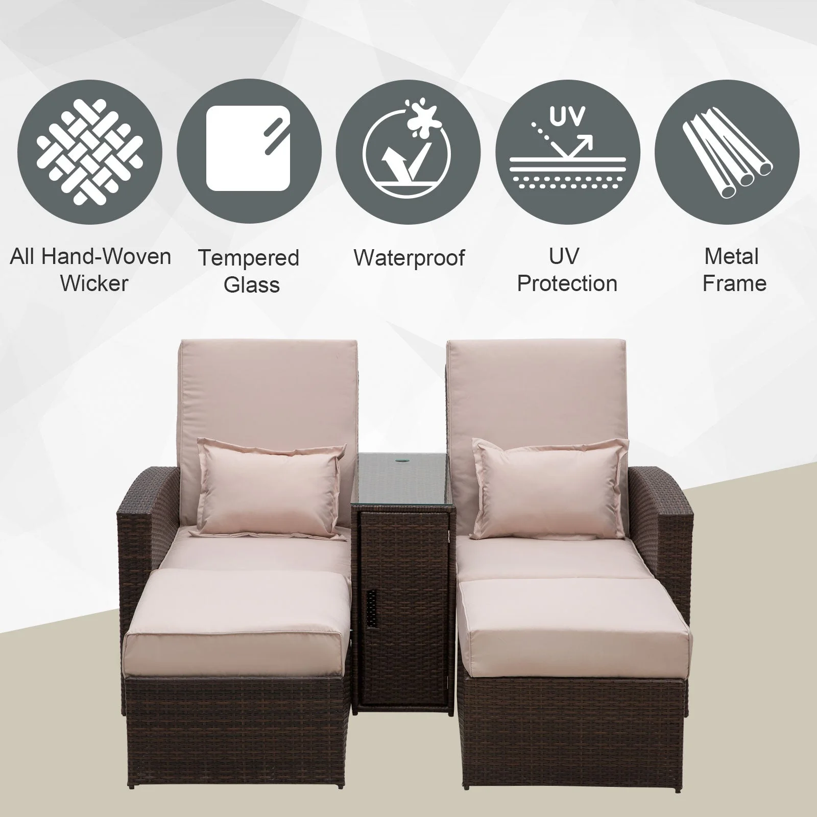 2 Seater Rattan Sofa Lounger Set-Brown - Image 4
