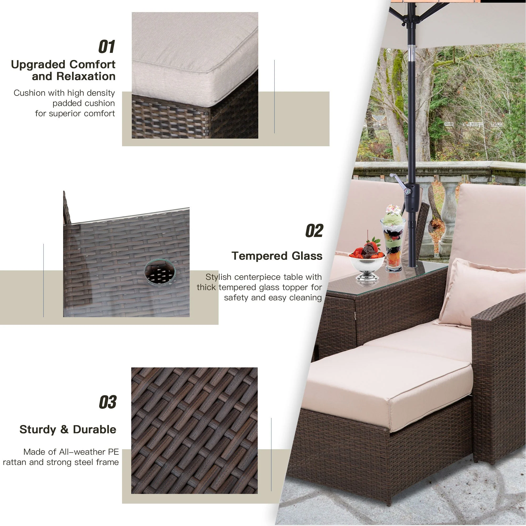 2 Seater Rattan Sofa Lounger Set-Brown - Image 5