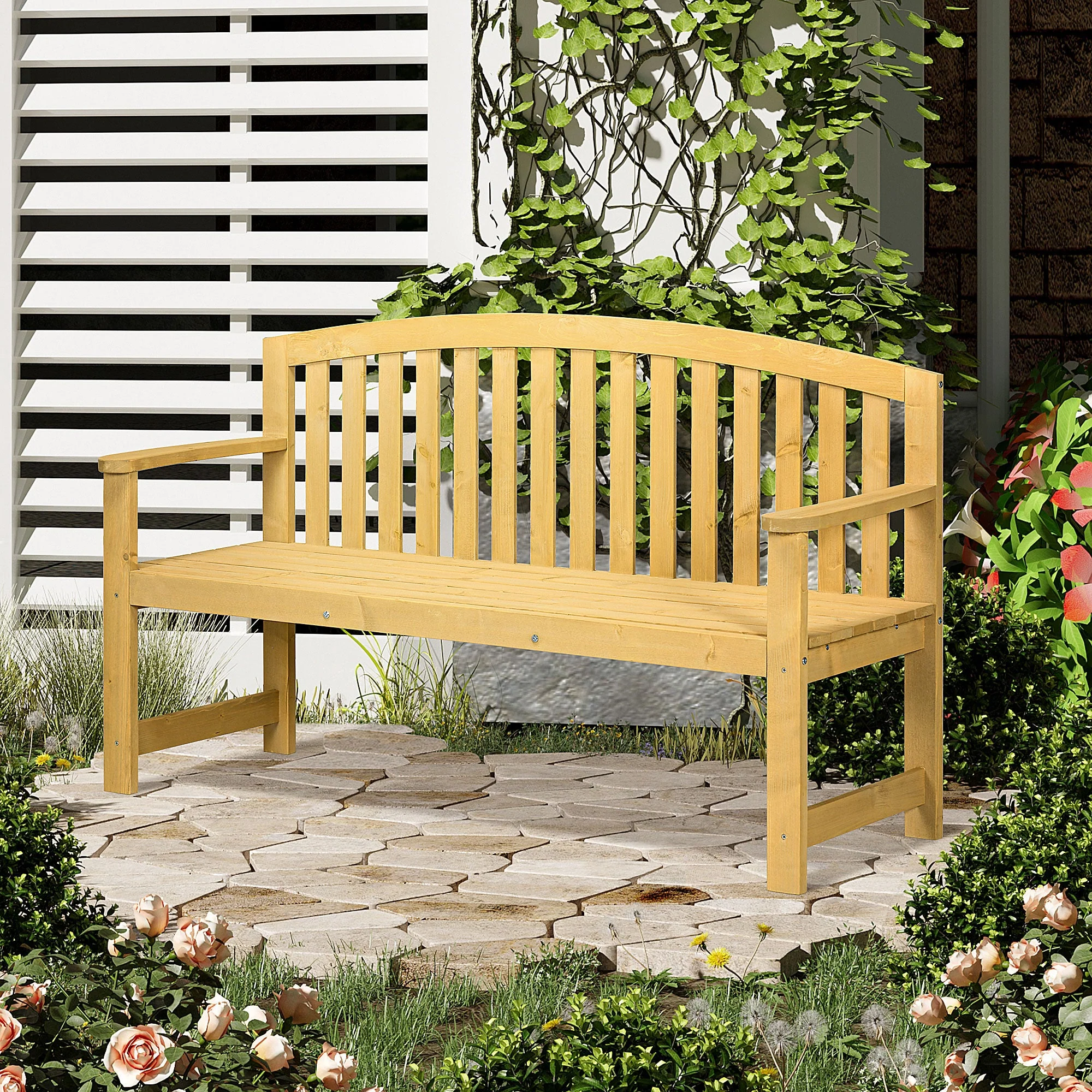 2 Seater Wooden Garden Bench with Armrest - Image 2